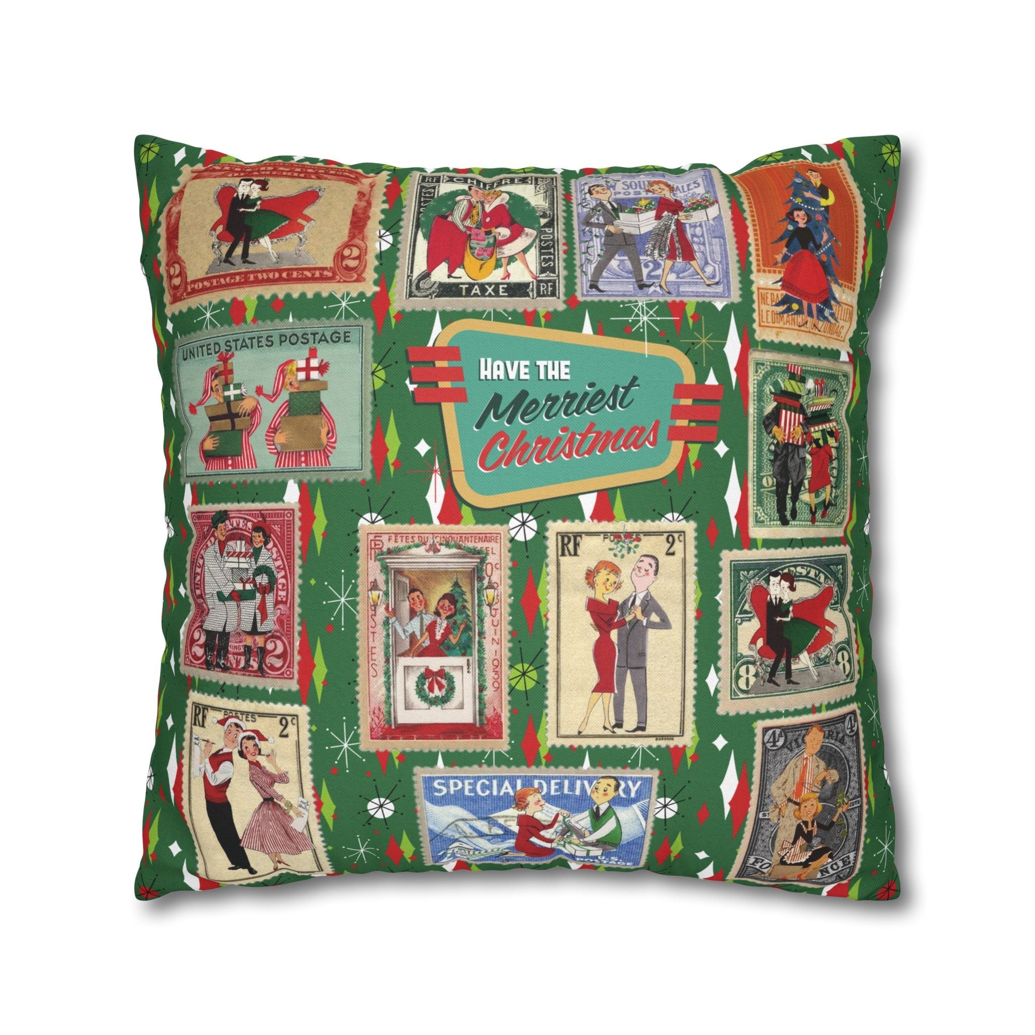Kate McEnroe New York Retro Kitsch Christmas Vintage Stamp Throw Pillow Cover, 1950s Franciscan Diamond Starburst Holiday CushionThrow Pillow Covers21703667307641154329