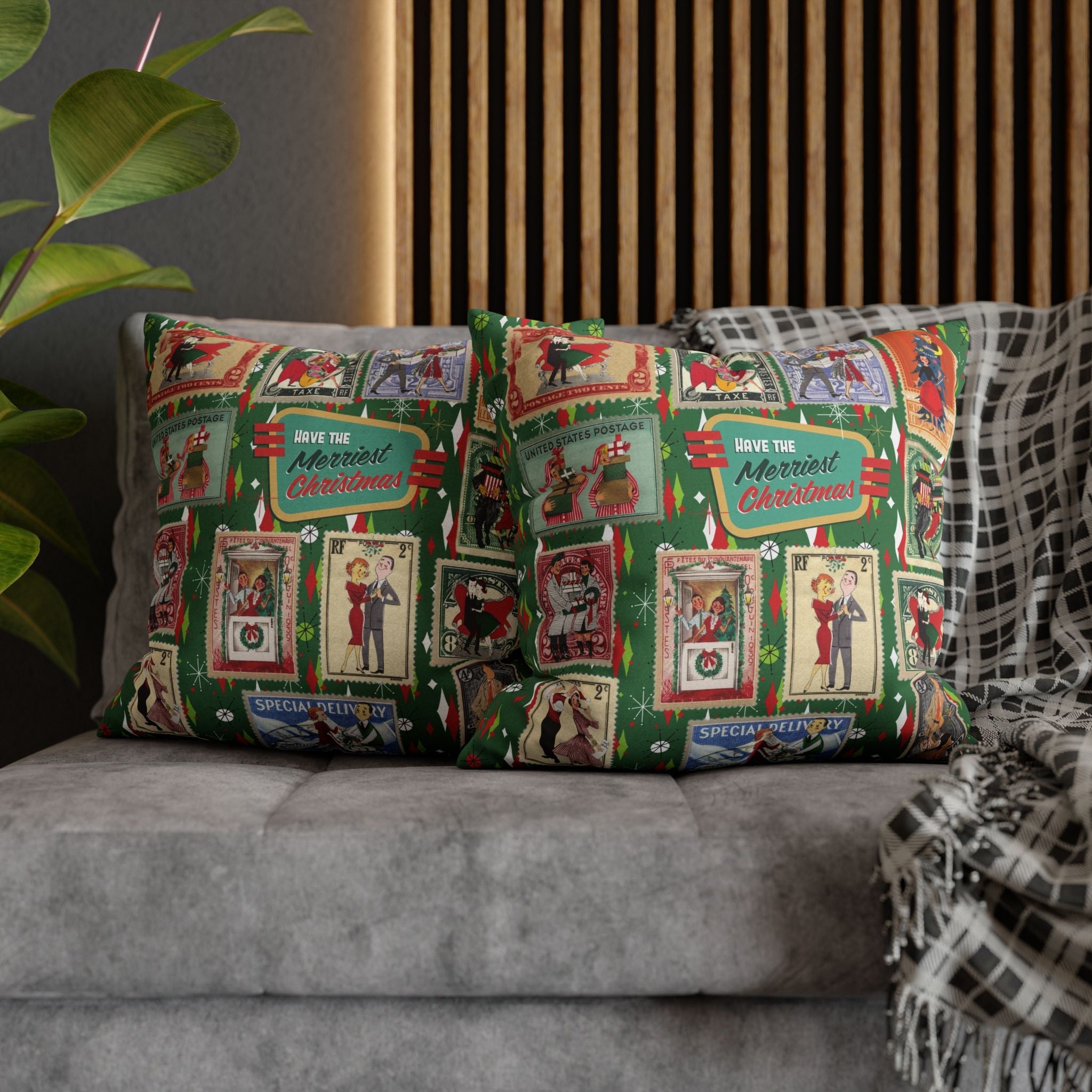 Kate McEnroe New York Retro Kitsch Christmas Vintage Stamp Throw Pillow Cover, 1950s Franciscan Diamond Starburst Holiday CushionThrow Pillow Covers21703667307641154329