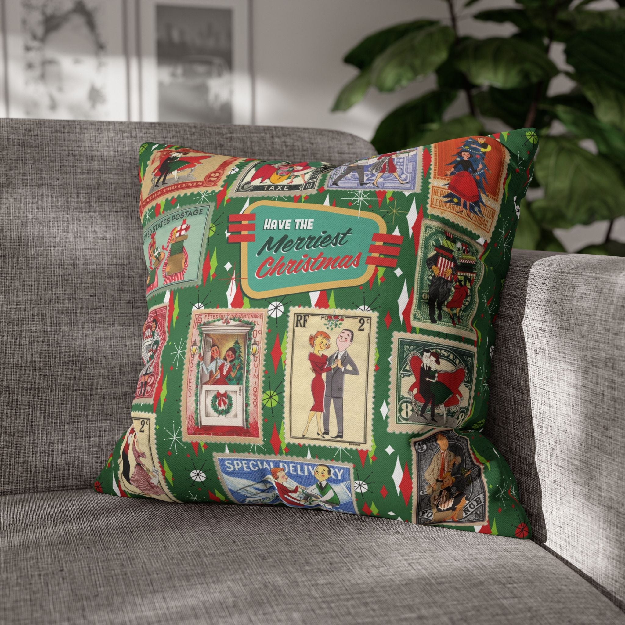 Kate McEnroe New York Retro Kitsch Christmas Vintage Stamp Throw Pillow Cover, 1950s Franciscan Diamond Starburst Holiday CushionThrow Pillow Covers21703667307641154329