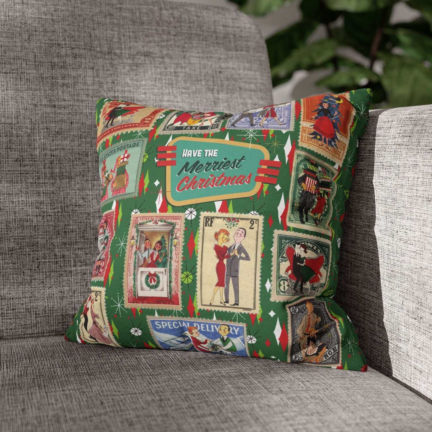 Kate McEnroe New York Retro Kitsch Christmas Vintage Stamp Throw Pillow Cover, 1950s Franciscan Diamond Starburst Holiday CushionThrow Pillow Covers21703667307641154329
