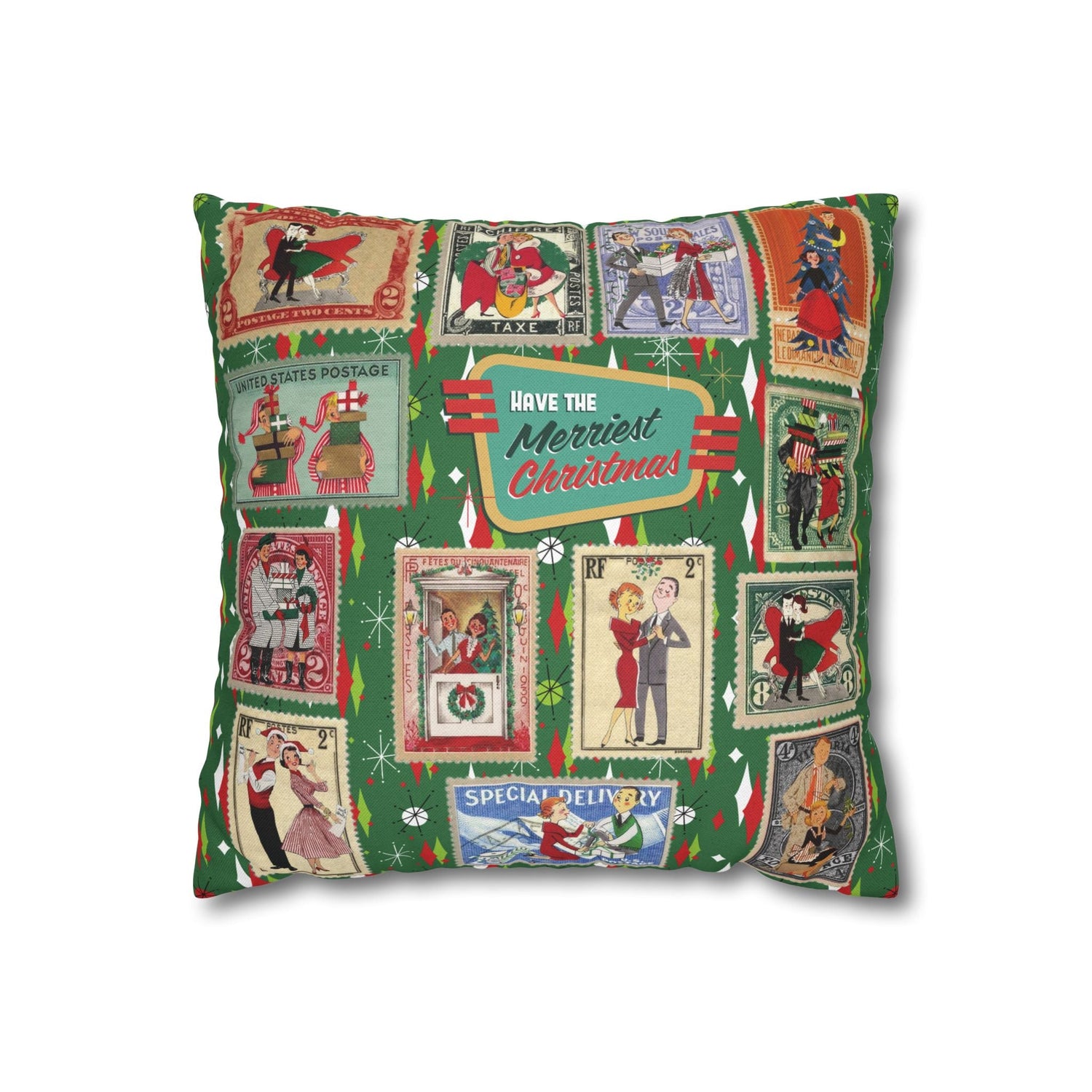 Kate McEnroe New York Retro Kitsch Christmas Vintage Stamp Throw Pillow Cover, 1950s Franciscan Diamond Starburst Holiday CushionThrow Pillow Covers29731128368550167998
