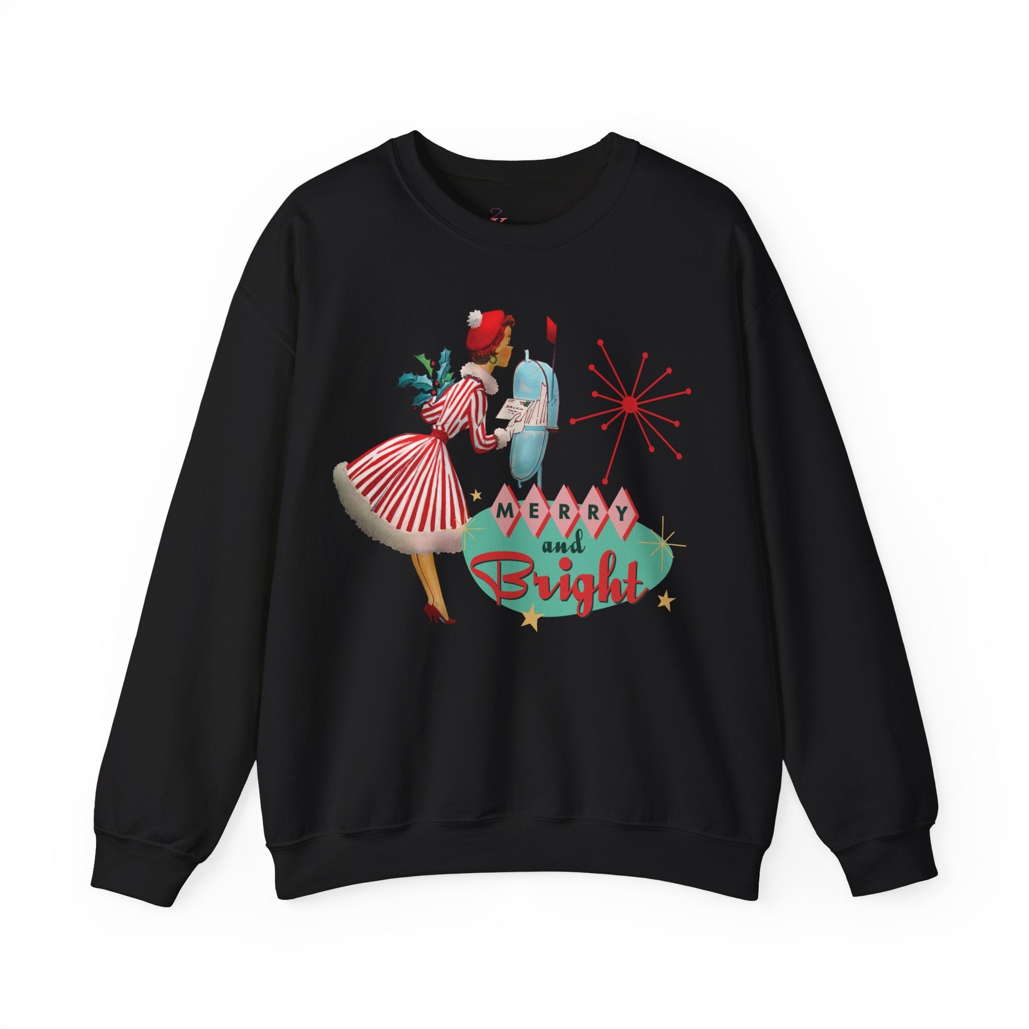 Kate McEnroe New York Retro Kitsch Merry and Bright Christmas Sweatshirt, Mid Century Modern 50s Vintage Style Unisex Heavy Blend™ Crewneck SweatshirtSweatshirt15628569105342857237