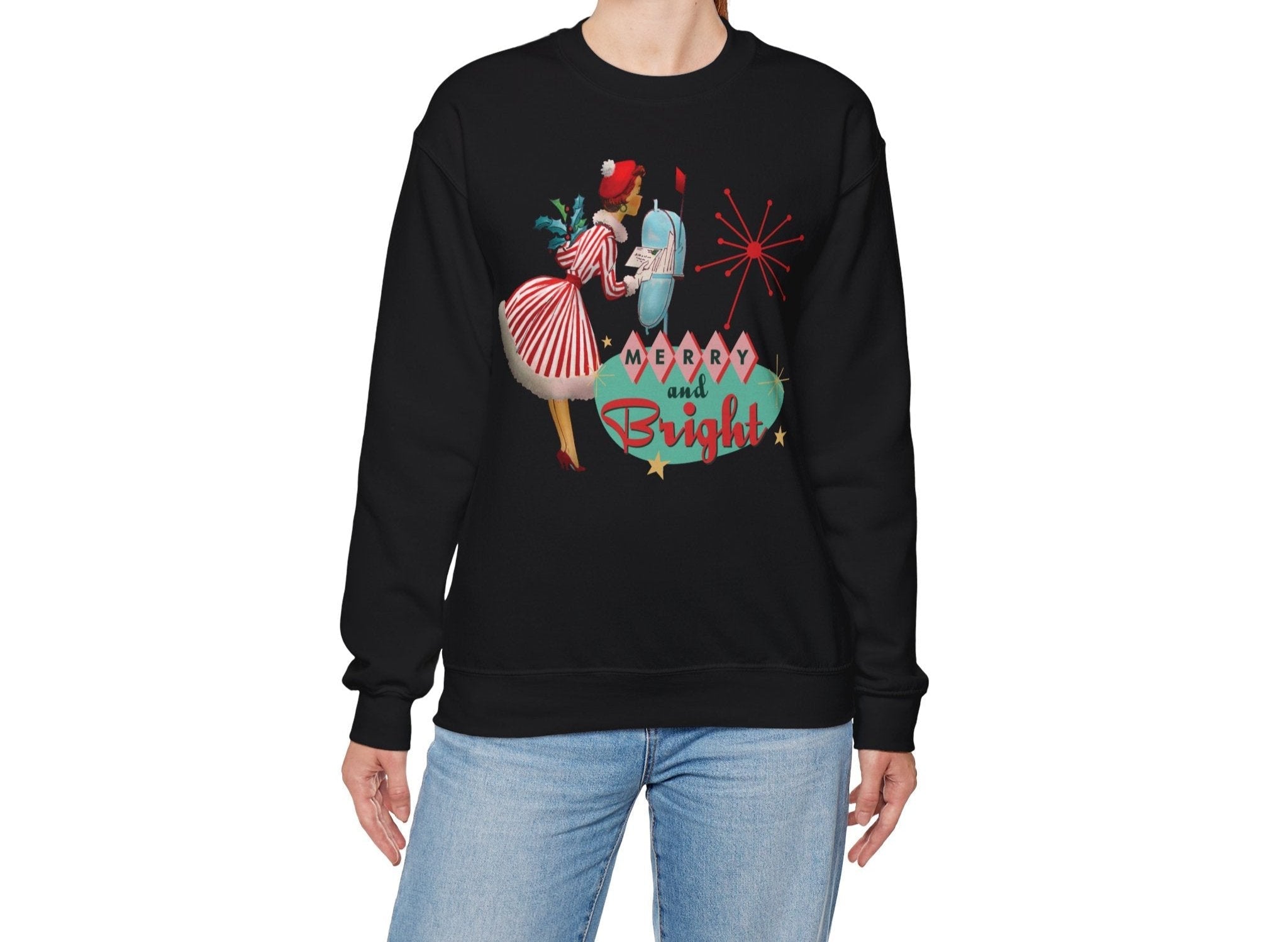 Kate McEnroe New York Retro Kitsch Merry and Bright Christmas Sweatshirt, Mid Century Modern 50s Vintage Style Unisex Heavy Blend™ Crewneck SweatshirtSweatshirt15787712122244819274