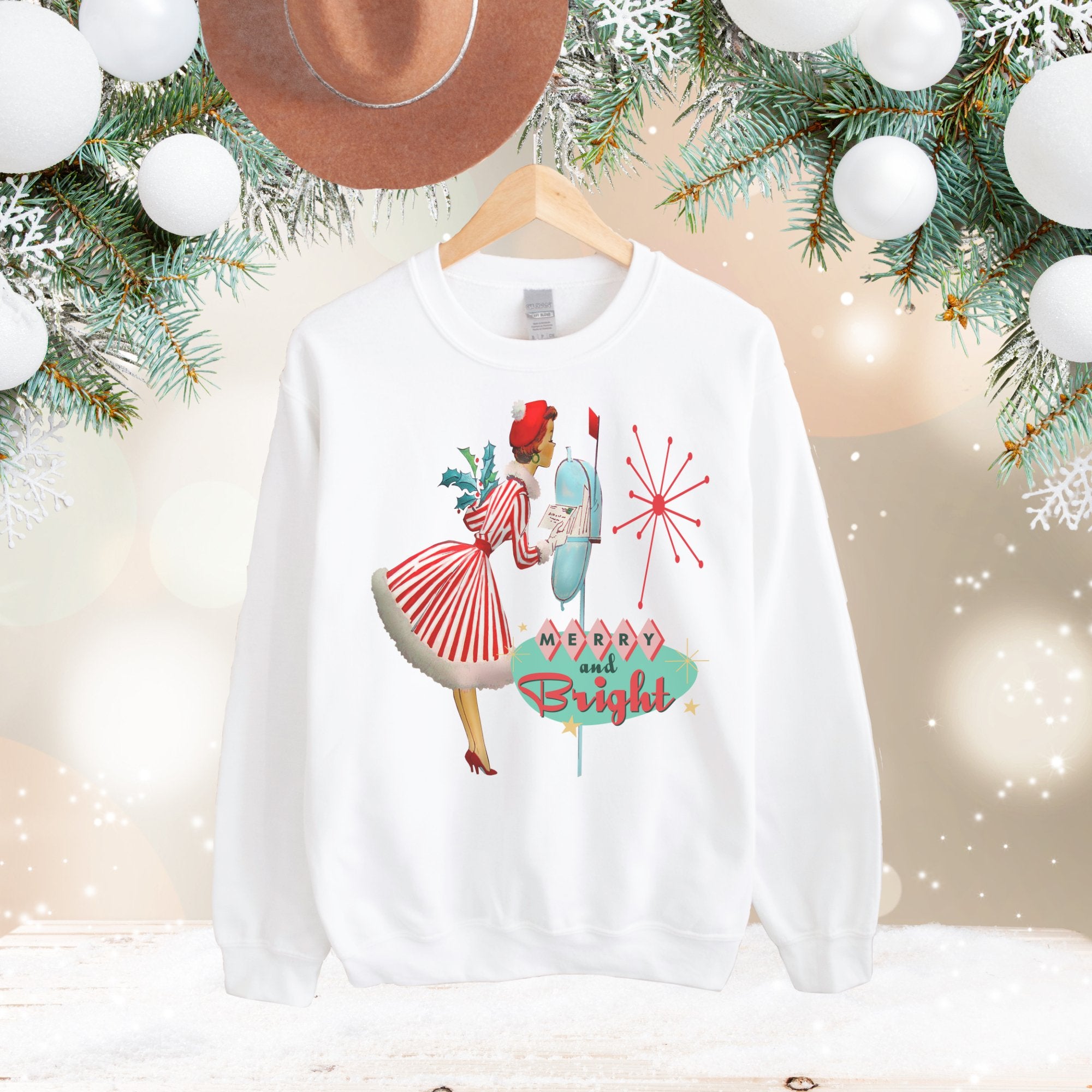 Kate McEnroe New York Retro Kitsch Merry and Bright Christmas Sweatshirt, Mid Century Modern 50s Vintage Style Unisex Heavy Blend™ Crewneck SweatshirtSweatshirt31756610088885692372