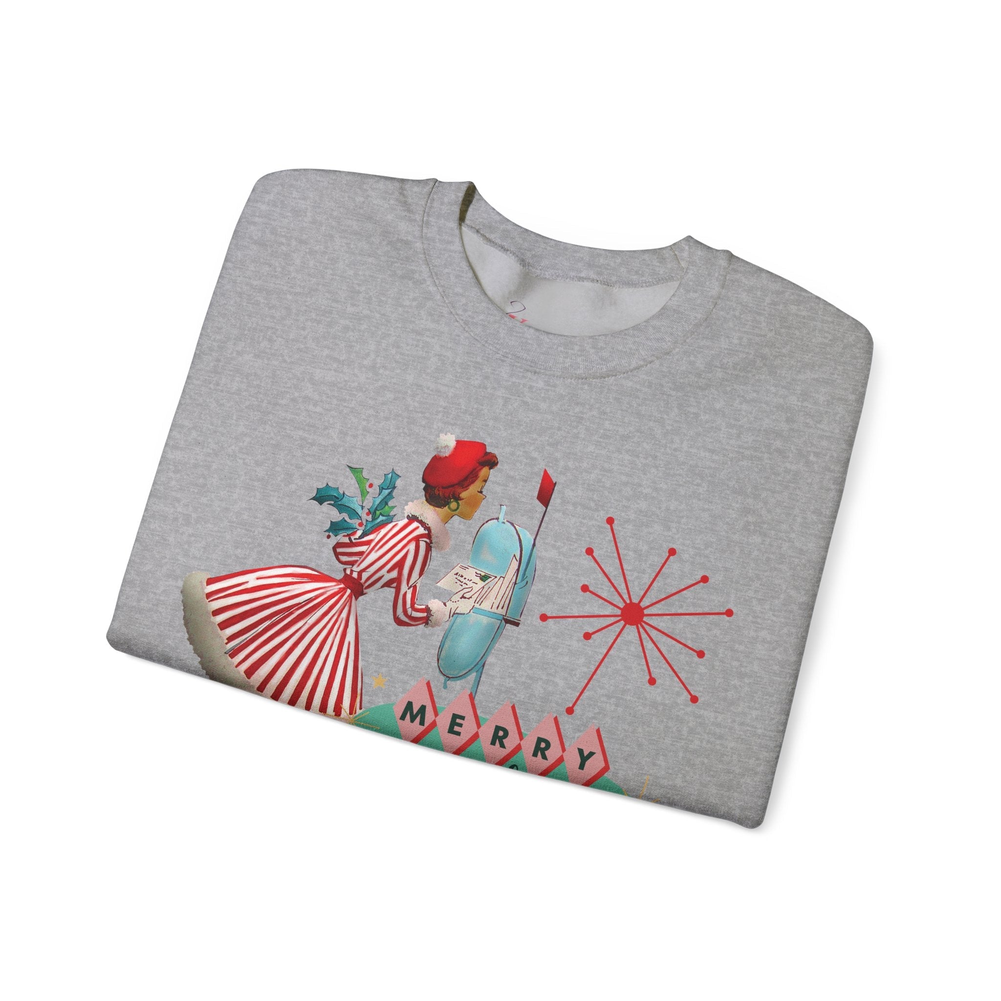 Kate McEnroe New York Retro Kitsch Merry and Bright Christmas Sweatshirt, Mid Century Modern 50s Vintage Style Unisex Heavy Blend™ Crewneck SweatshirtSweatshirt92125802458166335301