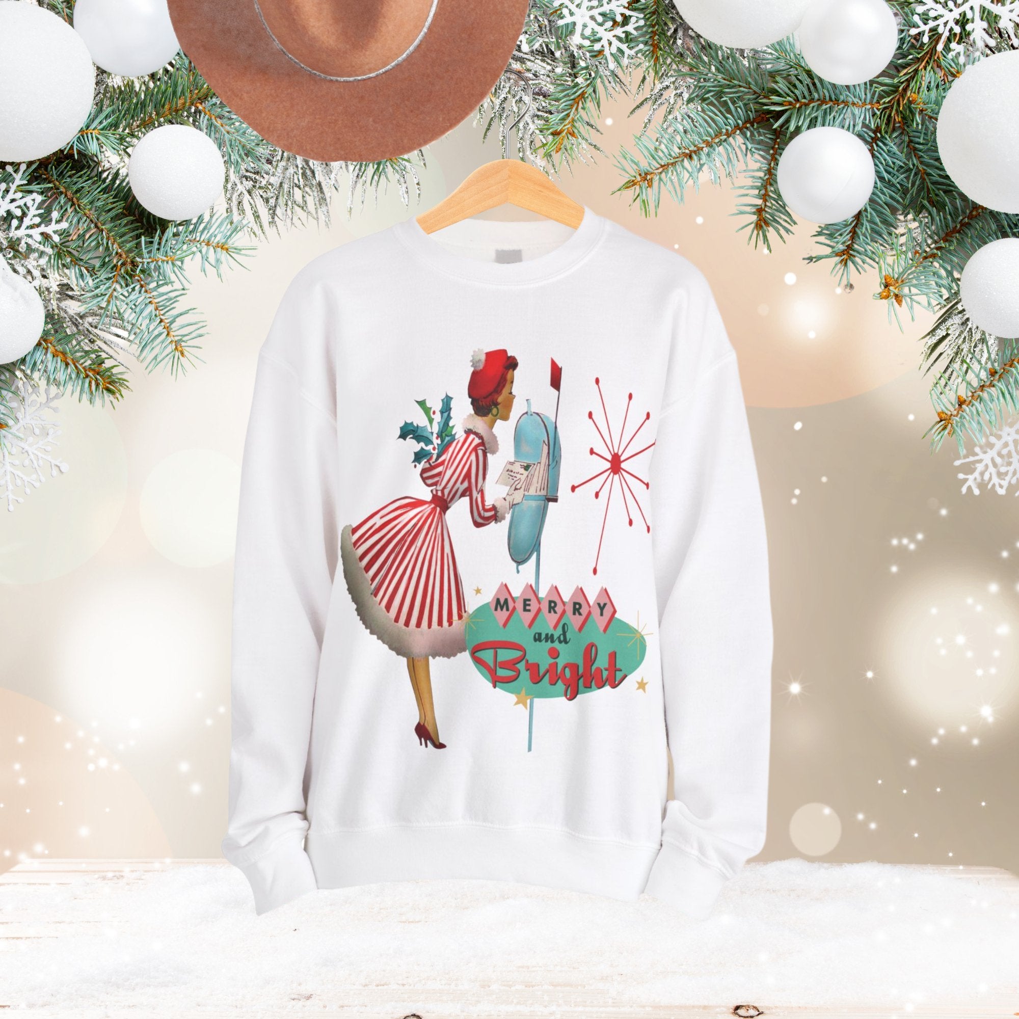Kate McEnroe New York Retro Kitsch Merry and Bright Christmas Sweatshirt, Mid Century Modern 50s Vintage Style Unisex Heavy Blend™ Crewneck SweatshirtSweatshirt92125802458166335301