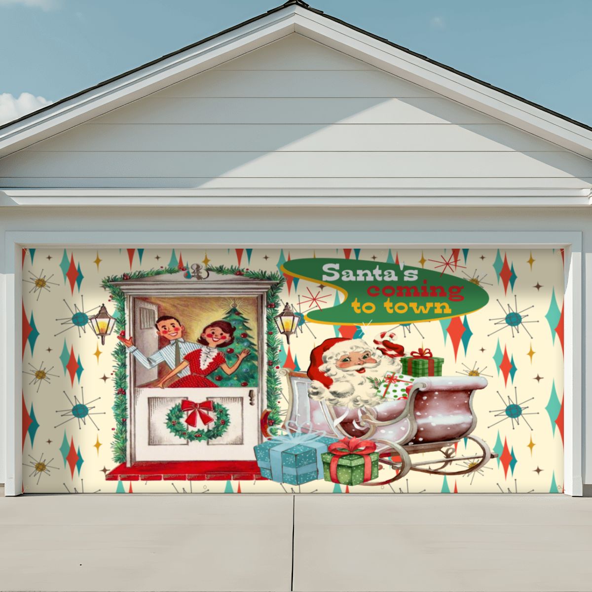 Kate McEnroe New York Retro Kitsch Santa Sleigh Garage Door Banner, Mid Century Modern 50s Couple Christmas Card Outdoor DecorationGarage Door BannerRspyGti3VW
