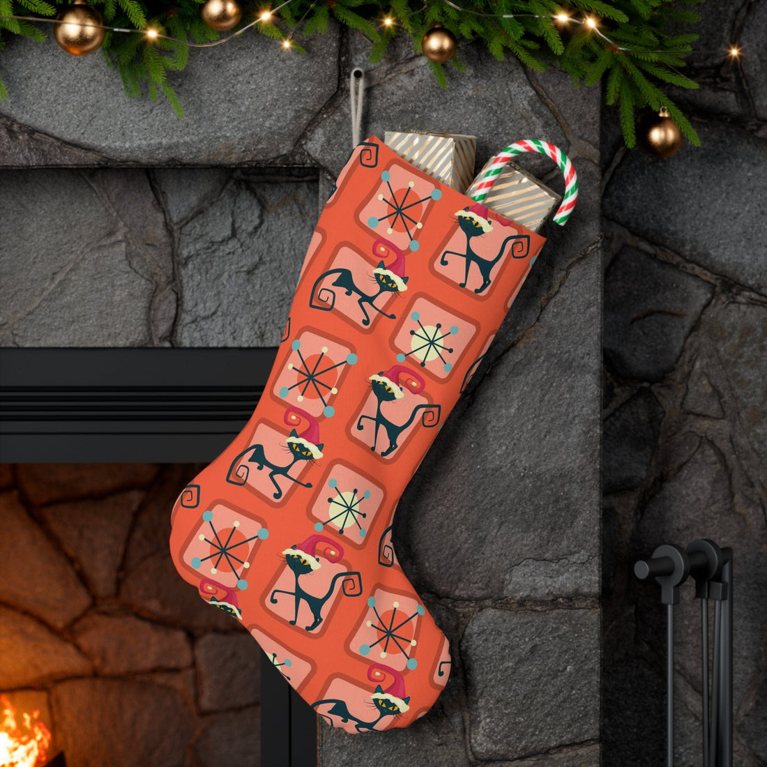 Printify Retro Kitschy Atomic Cat Christmas Stocking, Mid Century Modern Santa Stockings, Holiday Mantle Decoration, MCM Holiday Decor Home Decor 13&quot; × 19.3&