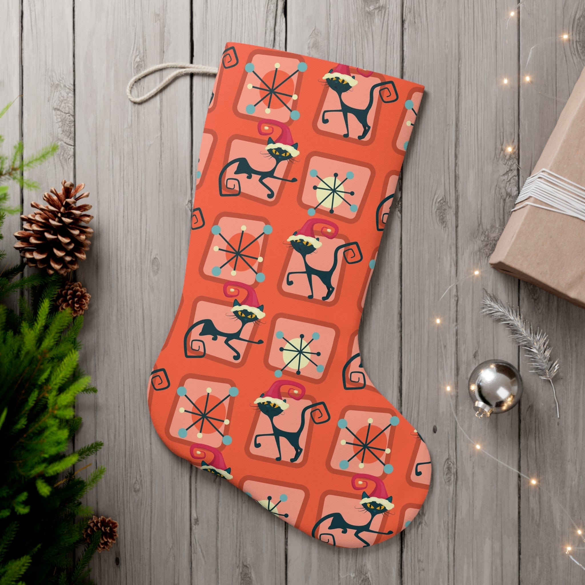 Printify Retro Kitschy Atomic Cat Christmas Stocking, Mid Century Modern Santa Stockings, Holiday Mantle Decoration, MCM Holiday Decor Home Decor 13&quot; × 19.3&