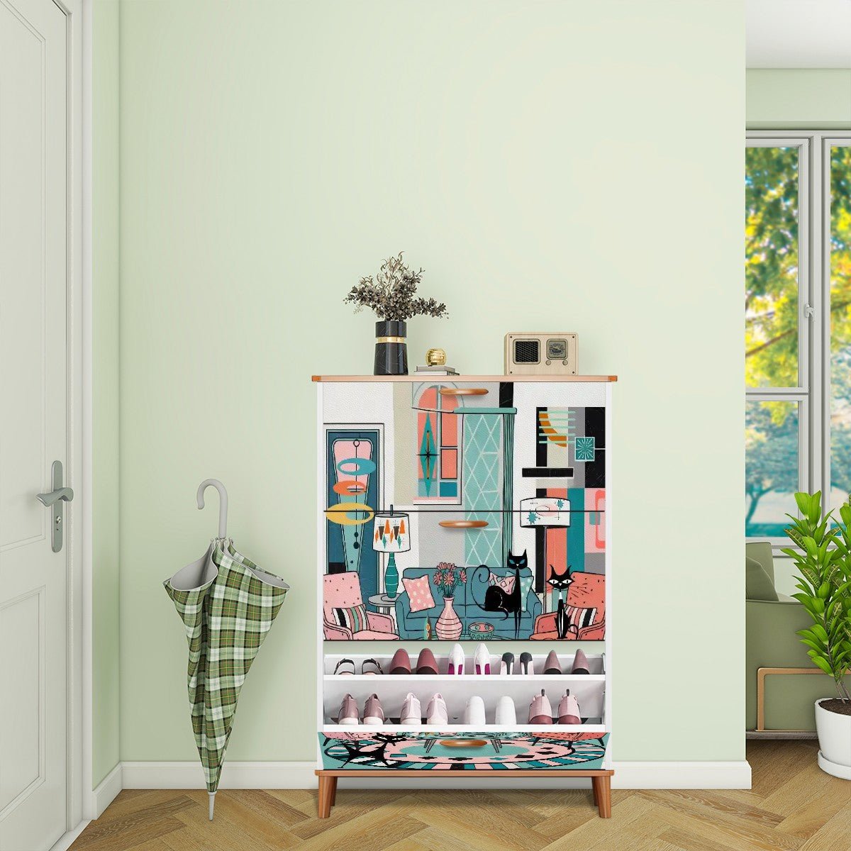 Kate McEnroe New York Retro Kitschy Atomic Cat Lounge Shoe Cabinet, Mid Century Modern FurnitureShoe StorageEcSth3tURg