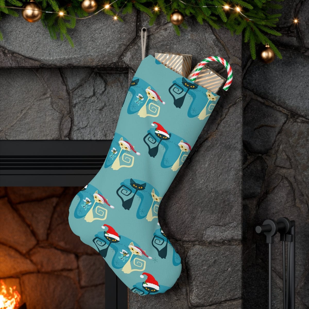 Kate McEnroe New York Retro Kitschy Atomic Cat Santa Stocking Seasonal & Holiday Decorations 13" × 19.3'' 31708921703004227767