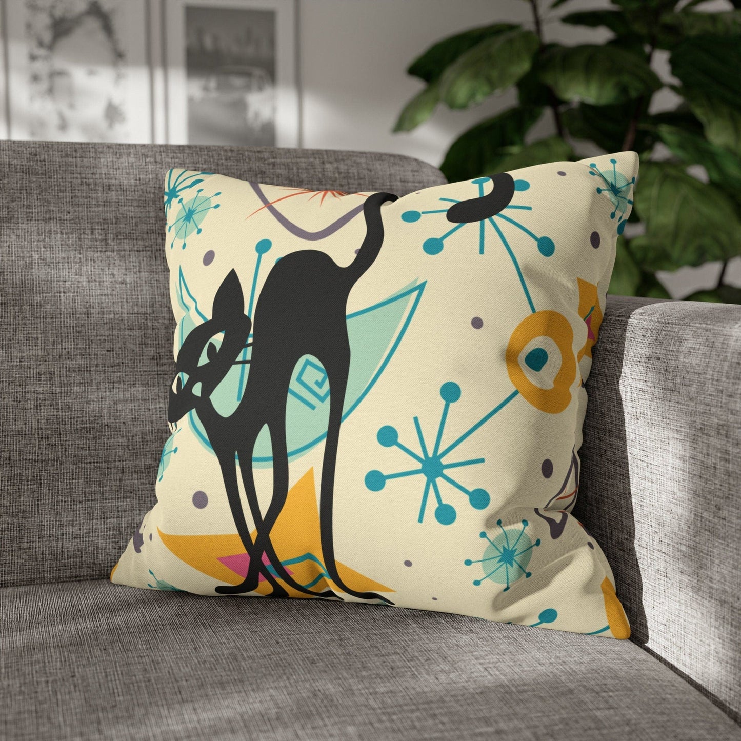 Kate McEnroe New York Retro Kitschy Cat Mid Mod Boomerang Starbursts Pillow Cover, Atomic MCM Cushion Covers, Mid Century Modern Living Room, Bedroom Decor Throw Pillow Covers