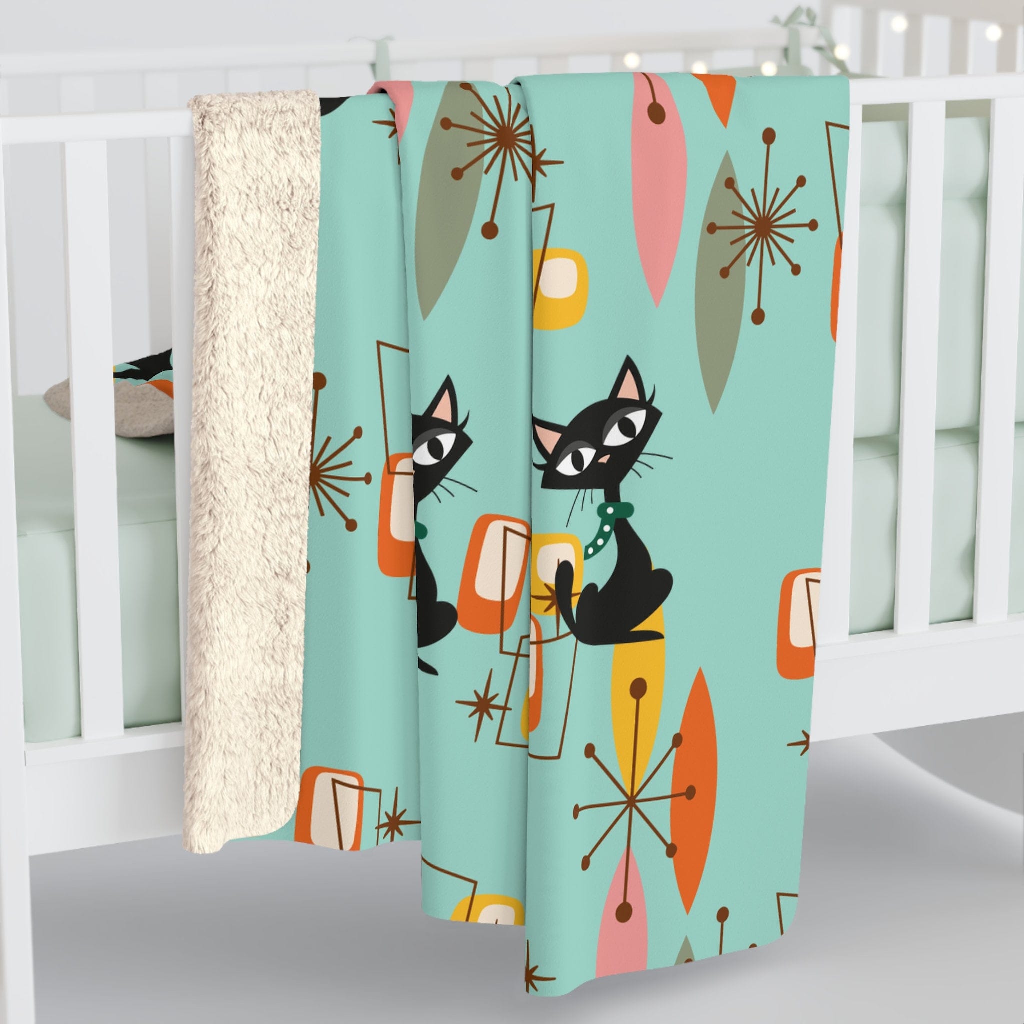 Kate McEnroe New York Retro Kitschy Cat Sherpa Fleece Blanket, Mid Century Modern Franciscan Diamond Starburst Throw Blanket, MCM Living Room, Bedroom DecorBlankets13323452036918742388