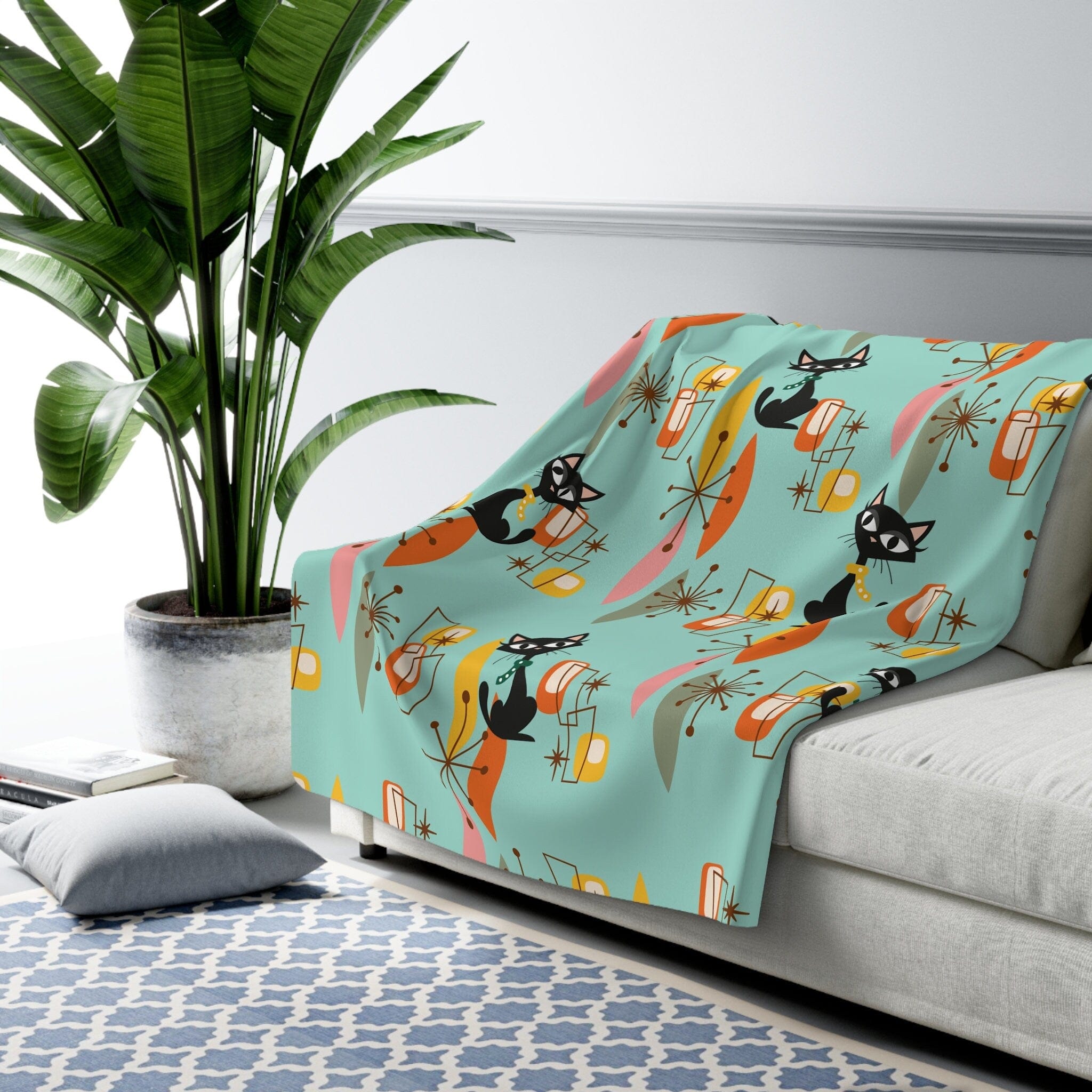 Kate McEnroe New York Retro Kitschy Cat Sherpa Fleece Blanket, Mid Century Modern Franciscan Diamond Starburst Throw Blanket, MCM Living Room, Bedroom DecorBlankets13323452036918742388