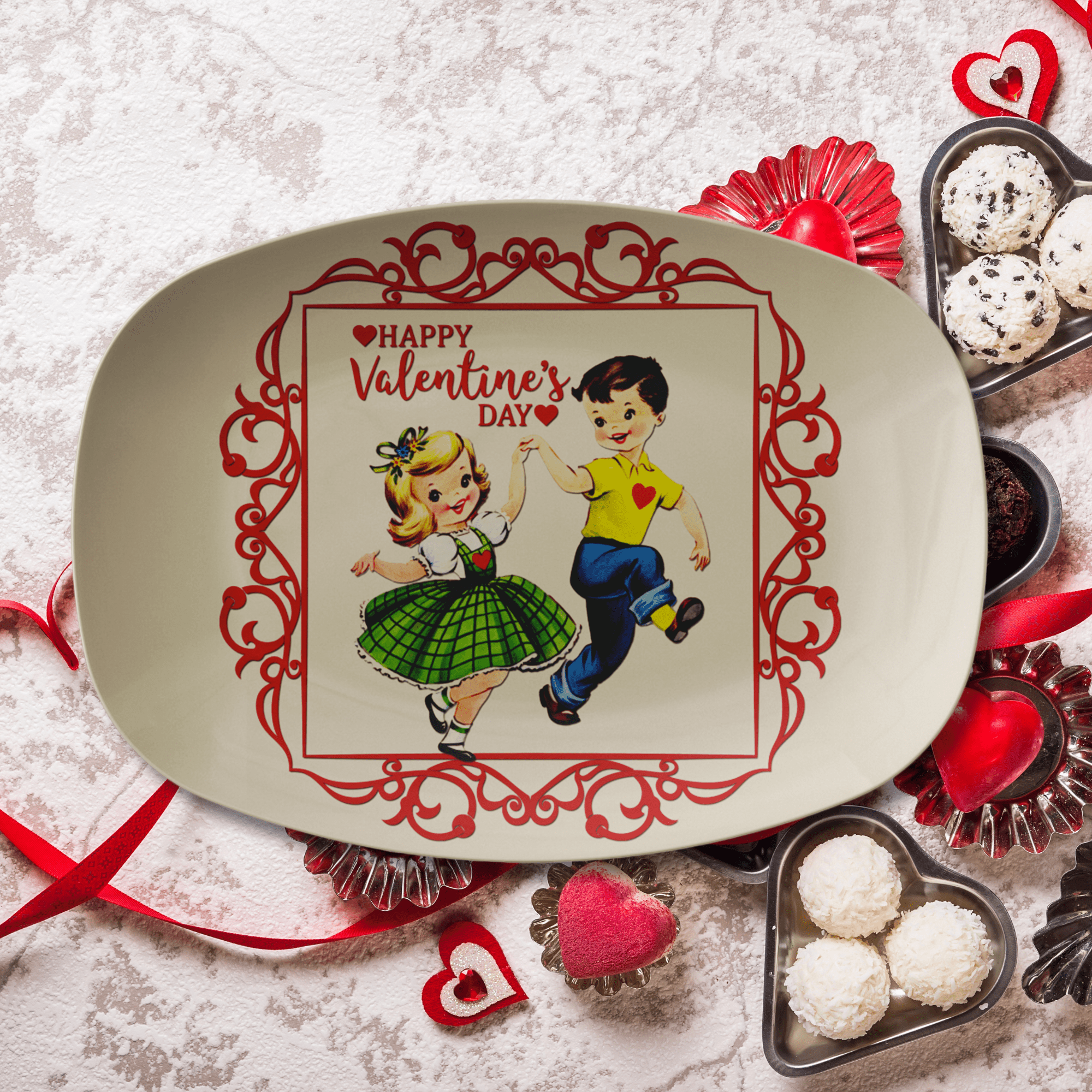 Kate McEnroe New York Retro Kitschy Valentine Platter, Vintage Mid Century Modern Dancing Boy Girl 50s Romantic DinnerwareServing PlattersP23BYGLVAL3
