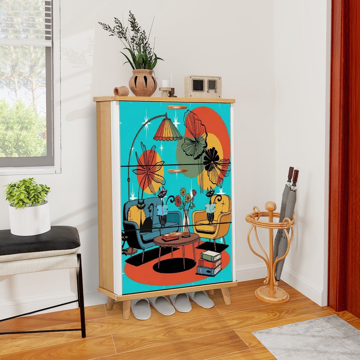 Kate McEnroe New York Retro Lounge Atomic Cat Shoe Cabinet, Mid Century Modern Starburst Storage Unit, 50s Kitsch Book Stack OrganizerShoe Storage4jmOocFklS