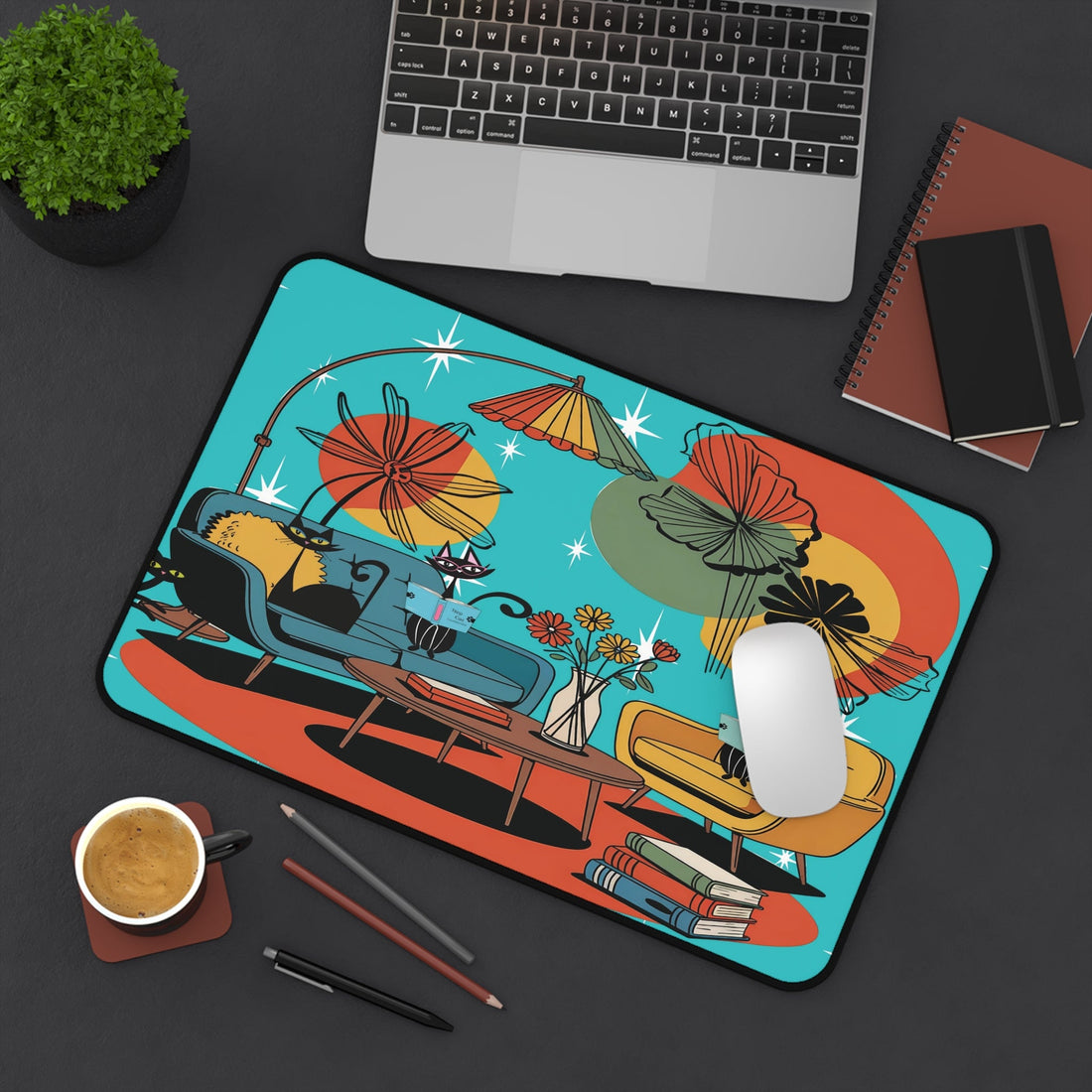Kate McEnroe New York Retro Lounge Desk Pad, Mid Century Modern Office Mat, Atomic Cat Book Scene Workspace AccessoryDesk Mats28868983640819886837
