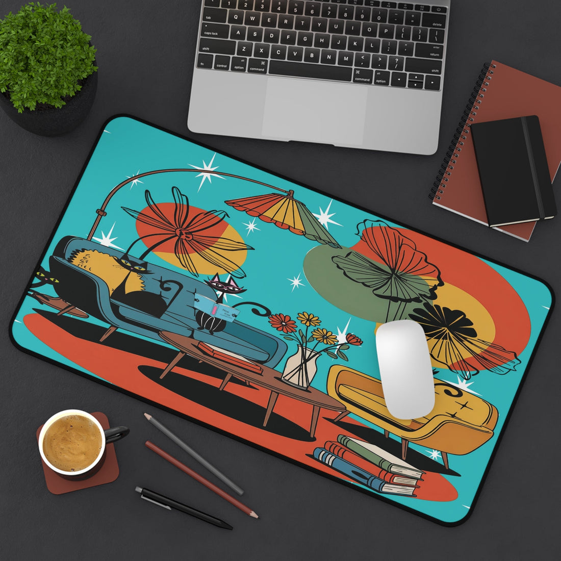 Kate McEnroe New York Retro Lounge Desk Pad, Mid Century Modern Office Mat, Atomic Cat Book Scene Workspace AccessoryDesk Mats48523216945421556499