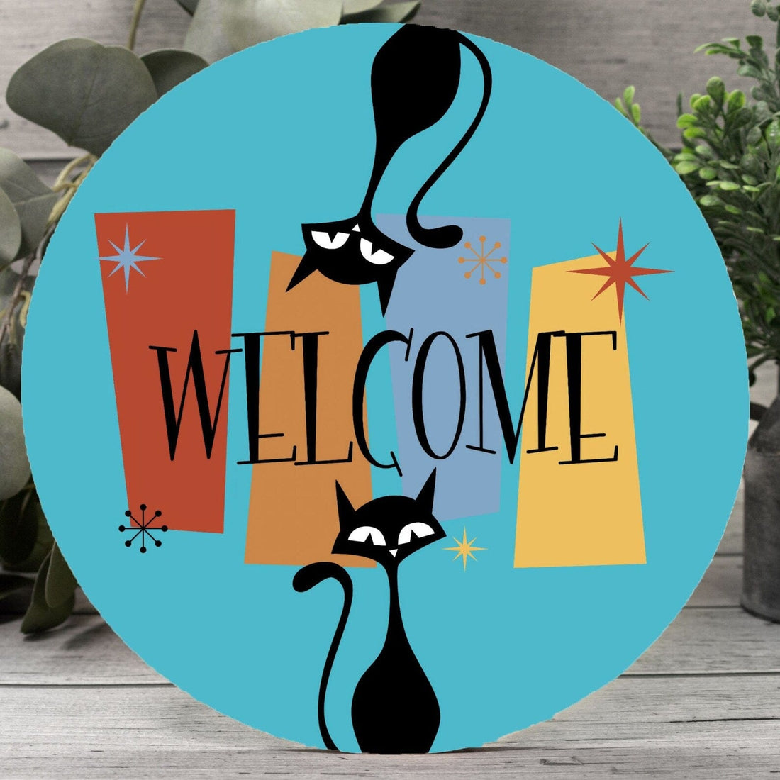 Kate McEnroe New York Retro MCM Atomic Cat Welcome Sign, Mid Century Modern Starburst Wood Door Hanger 12&quot; (Round)Door HangersPMH58 - 12.2460891