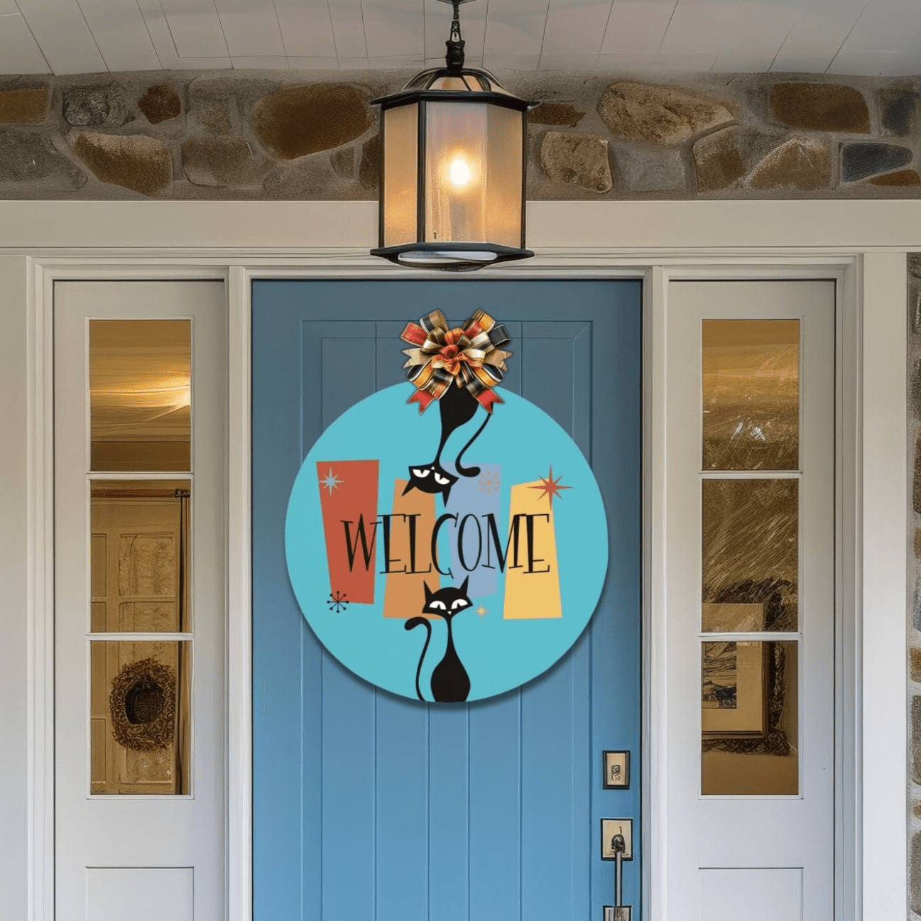 Kate McEnroe New York Retro MCM Atomic Cat Welcome Sign, Mid Century Modern Starburst Wood Door Hanger 12&quot; (Round)Front Door SignsPMH58 - 12.2460891