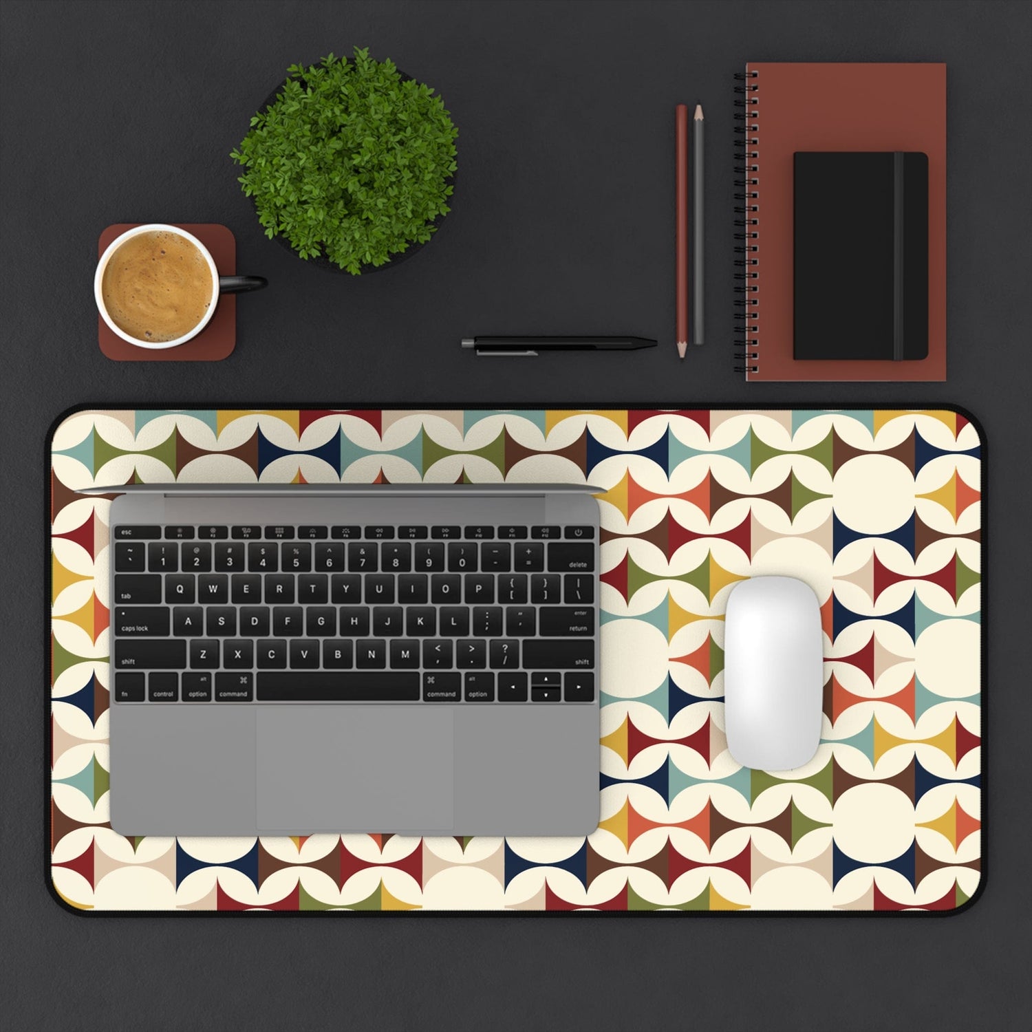 Kate McEnroe New York Retro MCM Desk Mat, 50s Mid Century Modern Geometric Cream, Teal, Mustard, and Rust Office Decor Mouse Pads 12&quot; × 22&quot; 18092838521768234096
