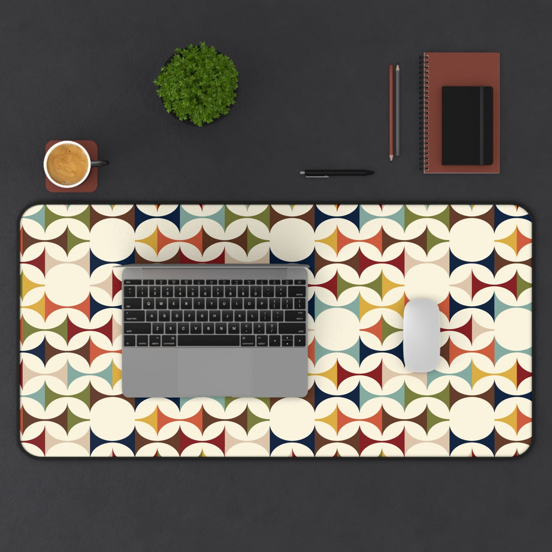 Kate McEnroe New York Retro MCM Desk Mat, 50s Mid Century Modern Geometric Cream, Teal, Mustard, and Rust Office Decor Mouse Pads 15.5&quot; × 31&quot; 99018618298674794022