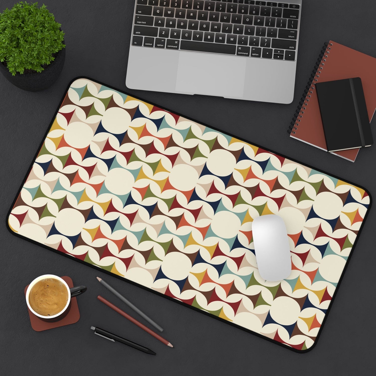 Kate McEnroe New York Retro MCM Desk Mat, 50s Mid Century Modern Geometric Cream, Teal, Mustard, and Rust Office DecorDesk Pads18092838521768234096