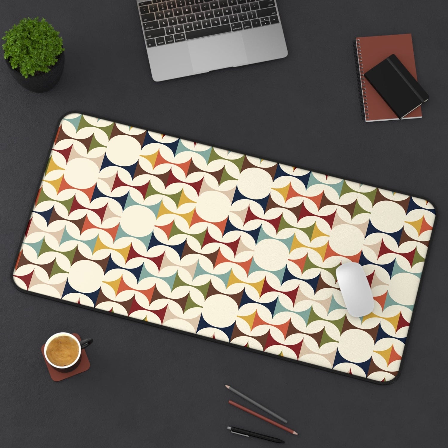 Kate McEnroe New York Retro MCM Desk Mat, 50s Mid Century Modern Geometric Cream, Teal, Mustard, and Rust Office DecorDesk Pads18092838521768234096