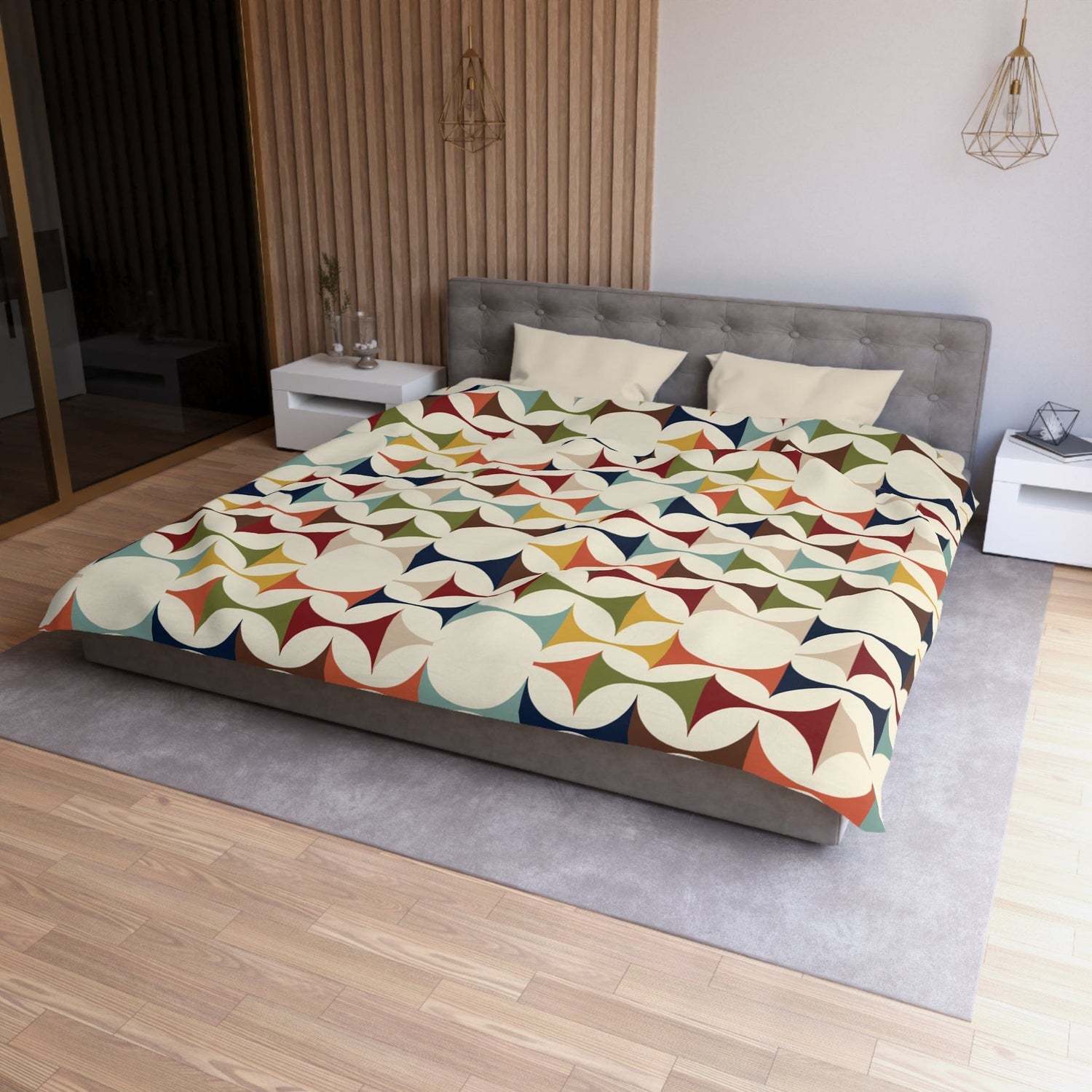 Printify Retro MCM Duvet Cover, Mid Century Modern Bedding, Vibrant Geometric Scandinavian Modern Danish Bed Decor Home Decor King / Cream 13056746829661895535