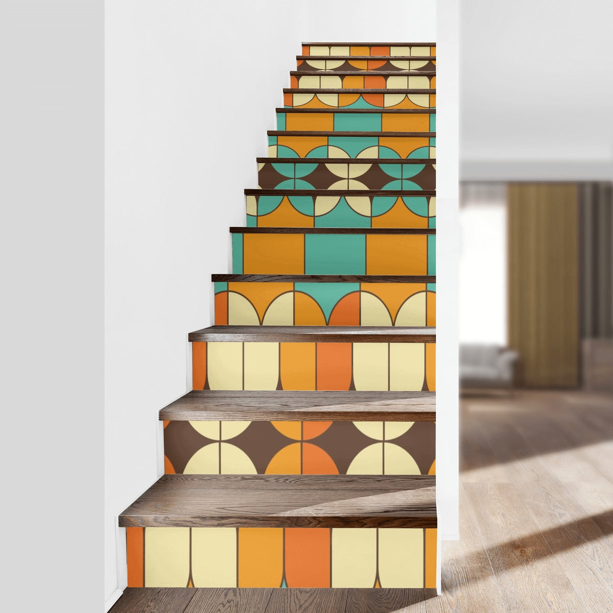 Retro Risers Retro MCM Stair Risers, Orange Aqua Geometric Peel and Stick, Mid Cent ...