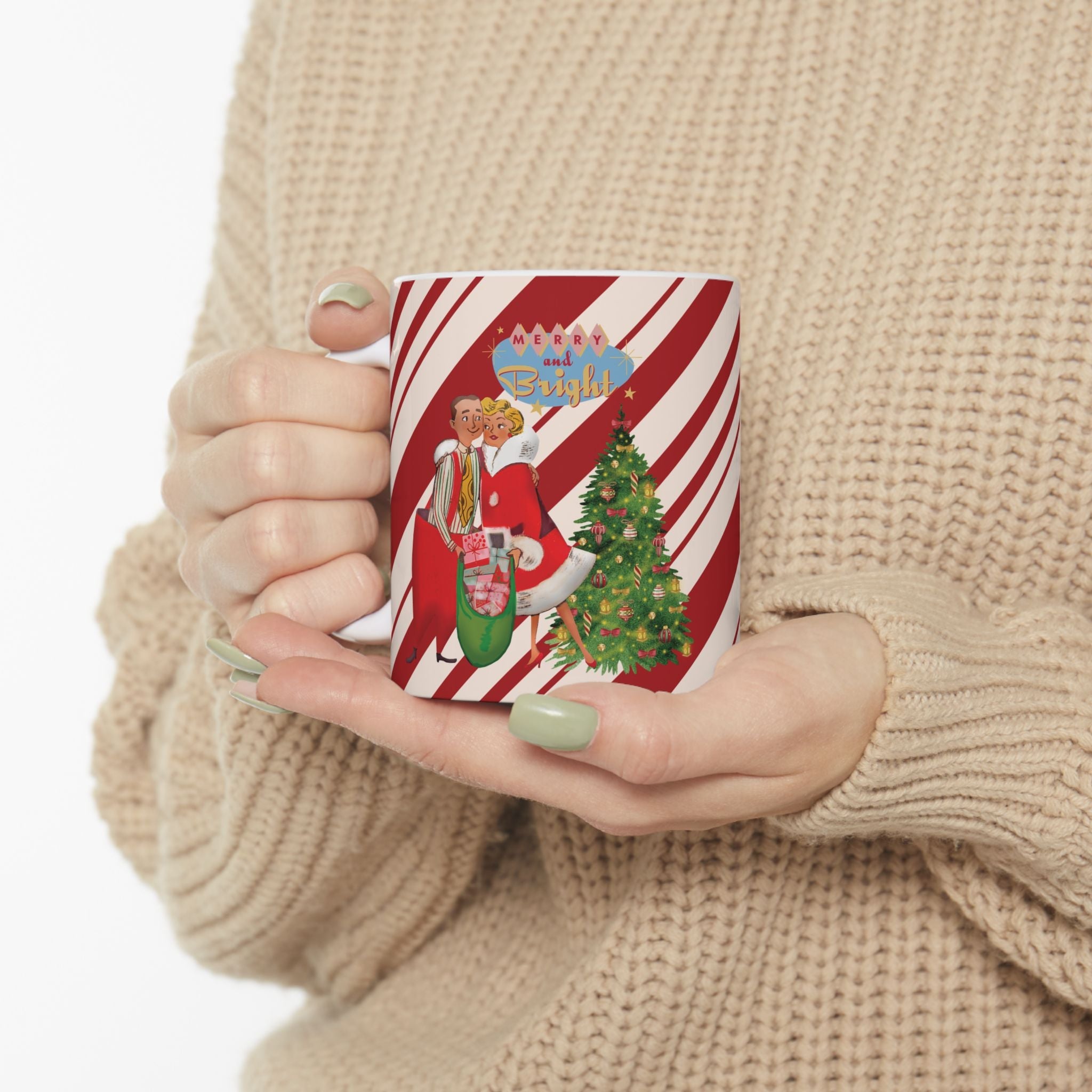 Kate McEnroe New York Retro Merry &amp; Bright Holiday Mug, Mid Mod Festive Couple, 50s Candy Cane Stripes, Vintage Christmas Drinkware, Kitsch Holiday Coffee CupMugs13934736620697936003