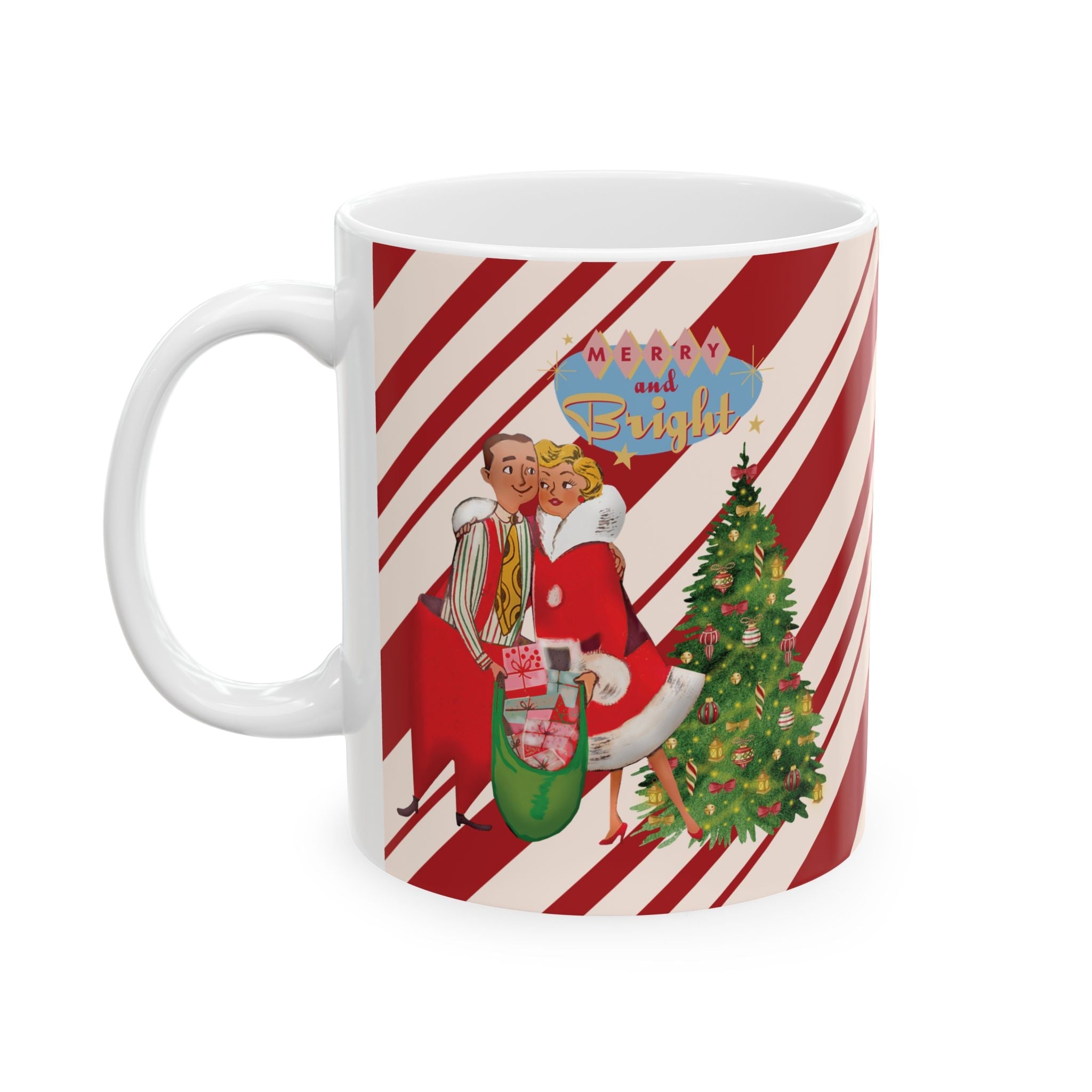 Kate McEnroe New York Retro Merry &amp; Bright Holiday Mug, Mid Mod Festive Couple, 50s Candy Cane Stripes, Vintage Christmas Drinkware, Kitsch Holiday Coffee CupMugs13934736620697936003