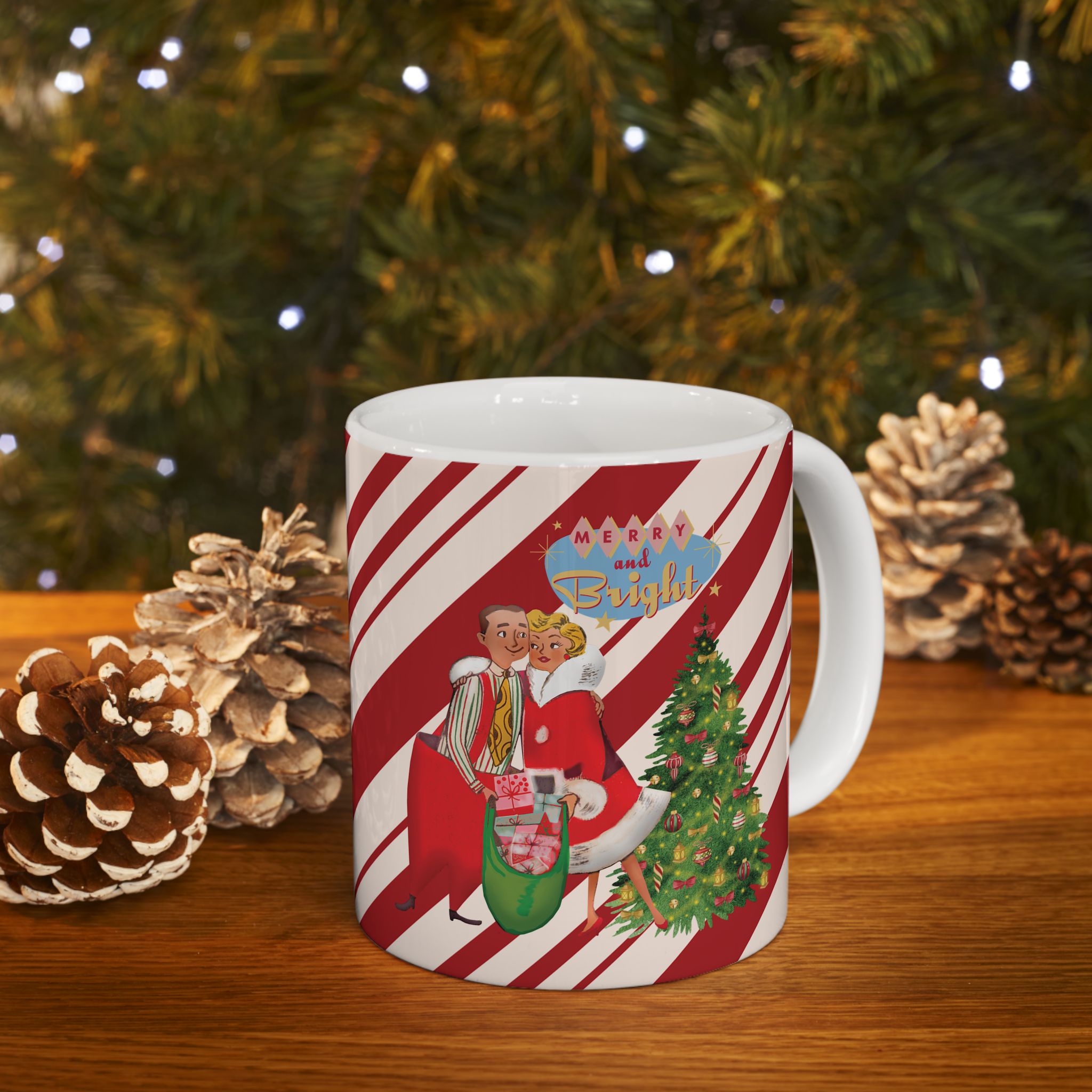 Kate McEnroe New York Retro Merry &amp; Bright Holiday Mug, Mid Mod Festive Couple, 50s Candy Cane Stripes, Vintage Christmas Drinkware, Kitsch Holiday Coffee CupMugs68736342210517348946