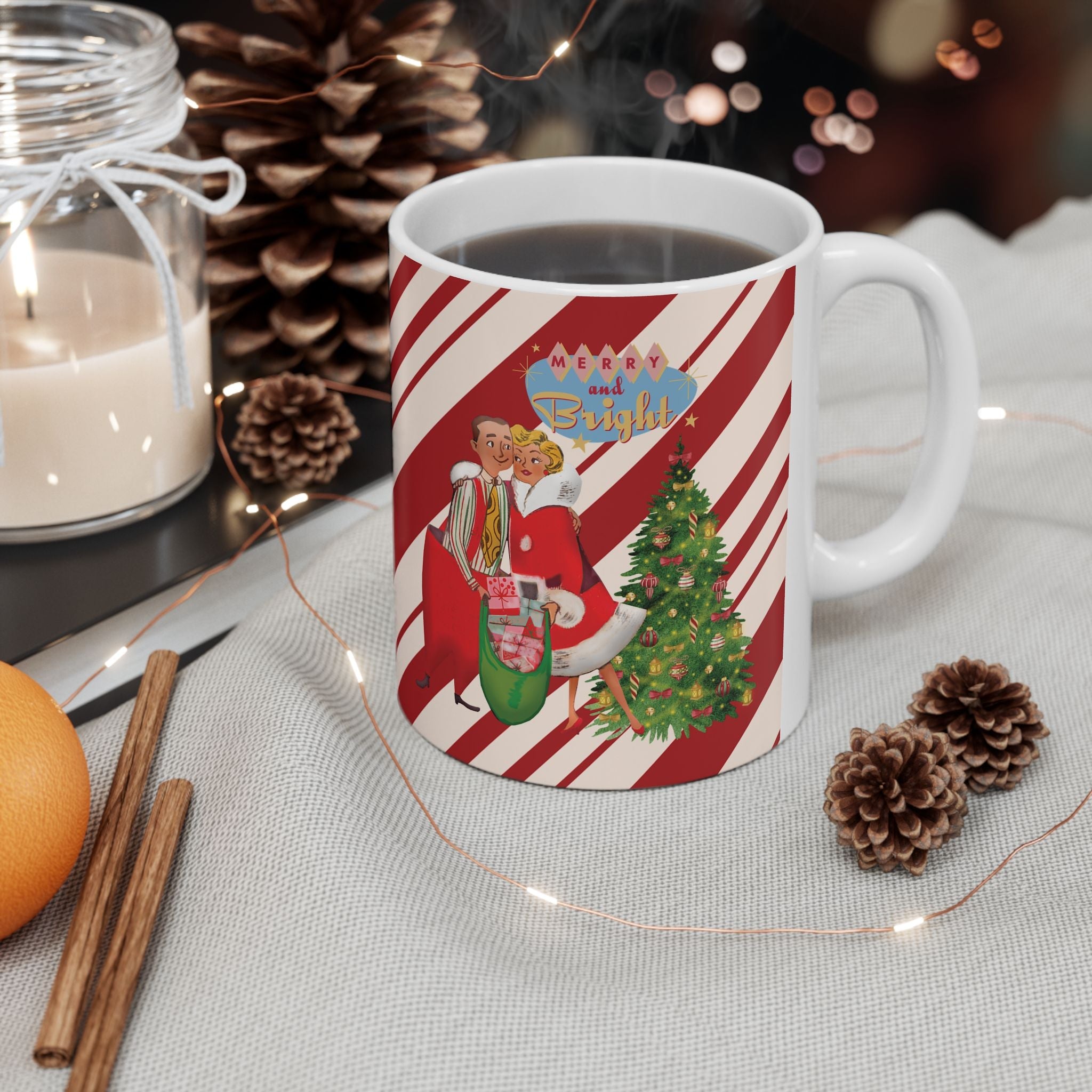Kate McEnroe New York Retro Merry &amp; Bright Holiday Mug, Mid Mod Festive Couple, 50s Candy Cane Stripes, Vintage Christmas Drinkware, Kitsch Holiday Coffee CupMugs68736342210517348946