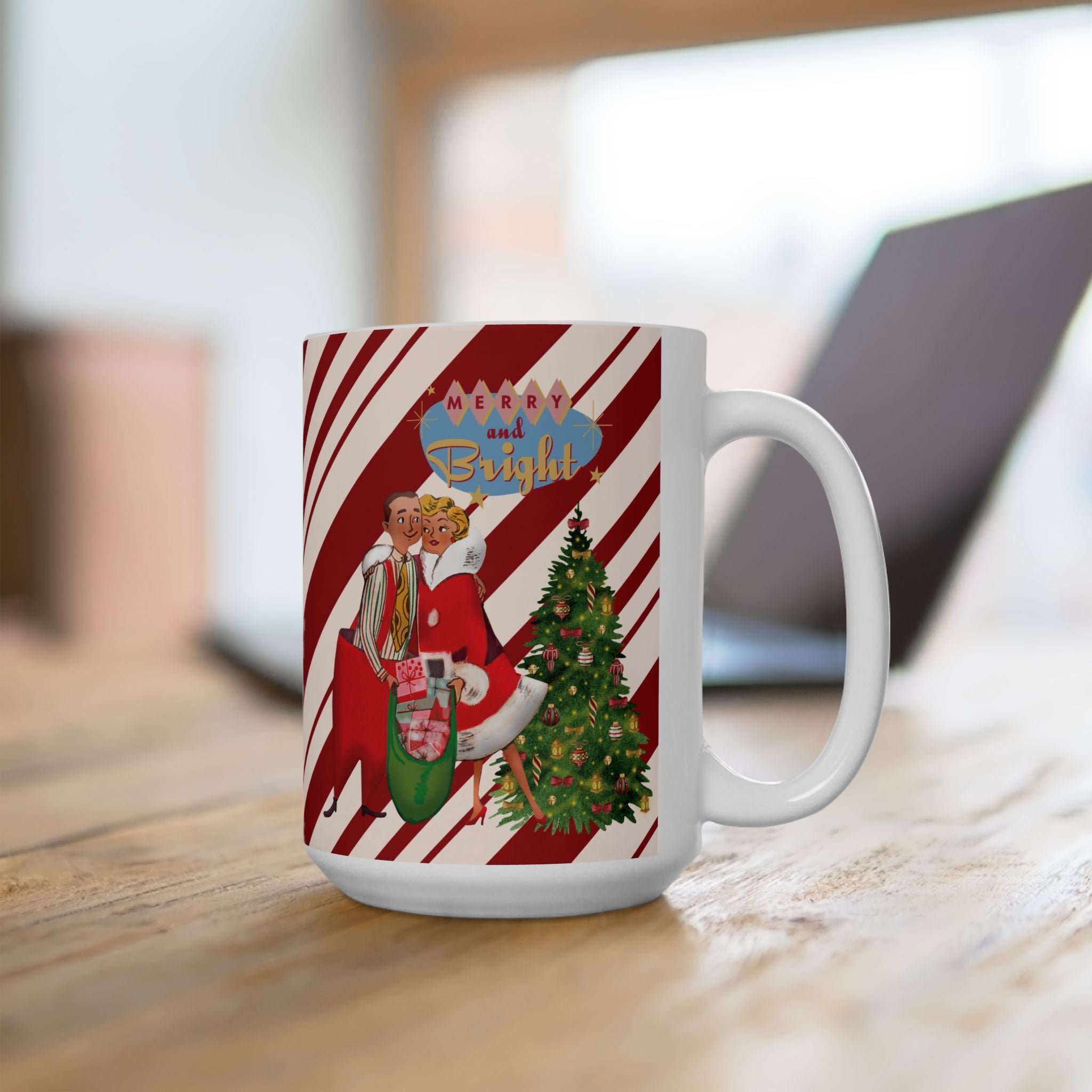 Kate McEnroe New York Retro Merry &amp; Bright Holiday Mug, Mid Mod Festive Couple, 50s Candy Cane Stripes, Vintage Christmas Drinkware, Kitsch Holiday Coffee CupMugs68736342210517348946