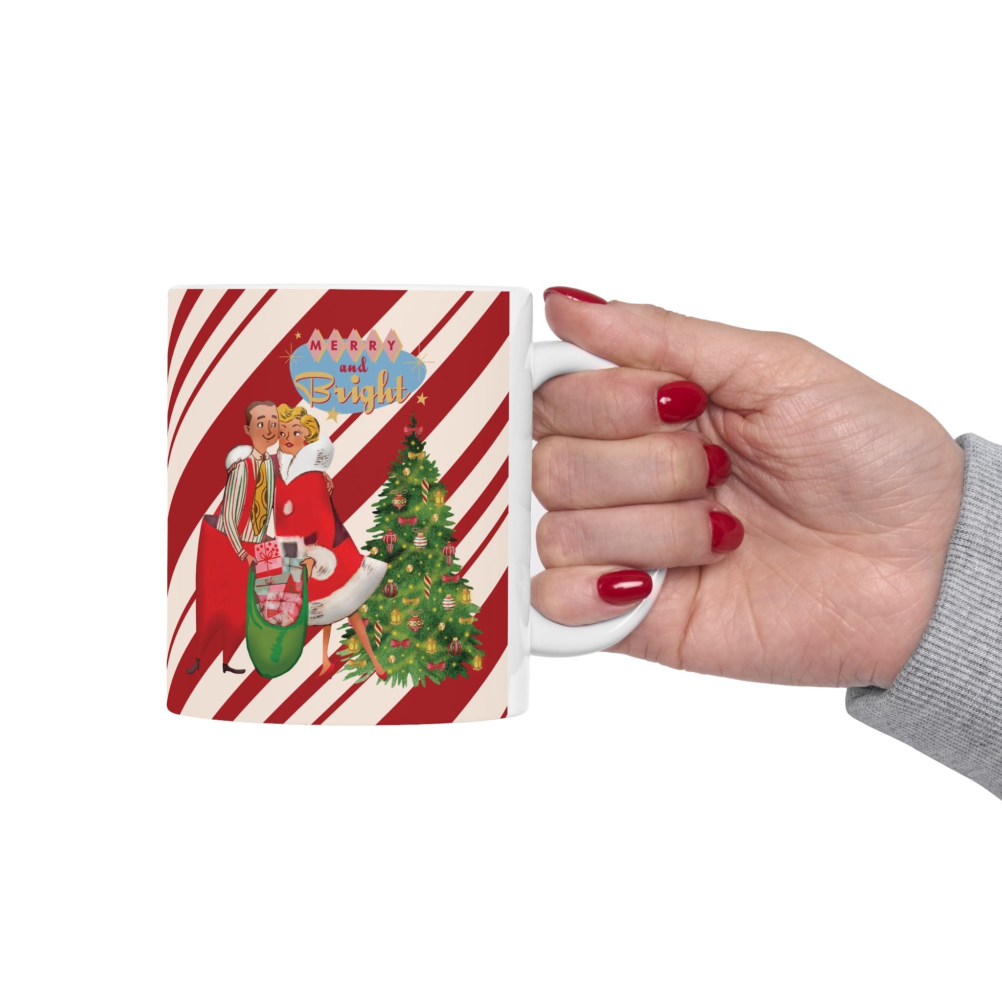 Kate McEnroe New York Retro Merry &amp; Bright Holiday Mug, Mid Mod Festive Couple, 50s Candy Cane Stripes, Vintage Christmas Drinkware, Kitsch Holiday Coffee CupMugs68736342210517348946