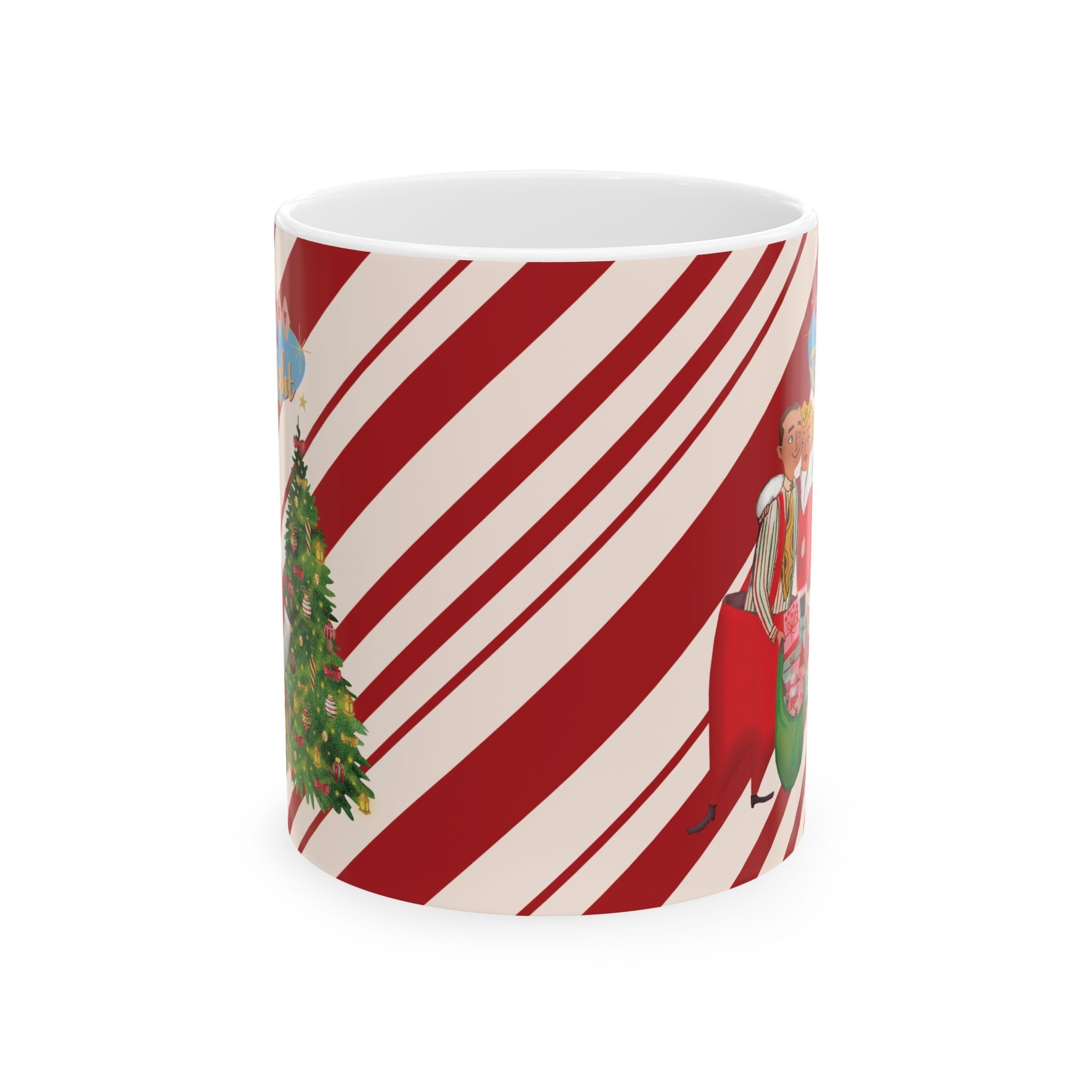 Kate McEnroe New York Retro Merry &amp; Bright Holiday Mug, Mid Mod Festive Couple, 50s Candy Cane Stripes, Vintage Christmas Drinkware, Kitsch Holiday Coffee CupMugs68736342210517348946