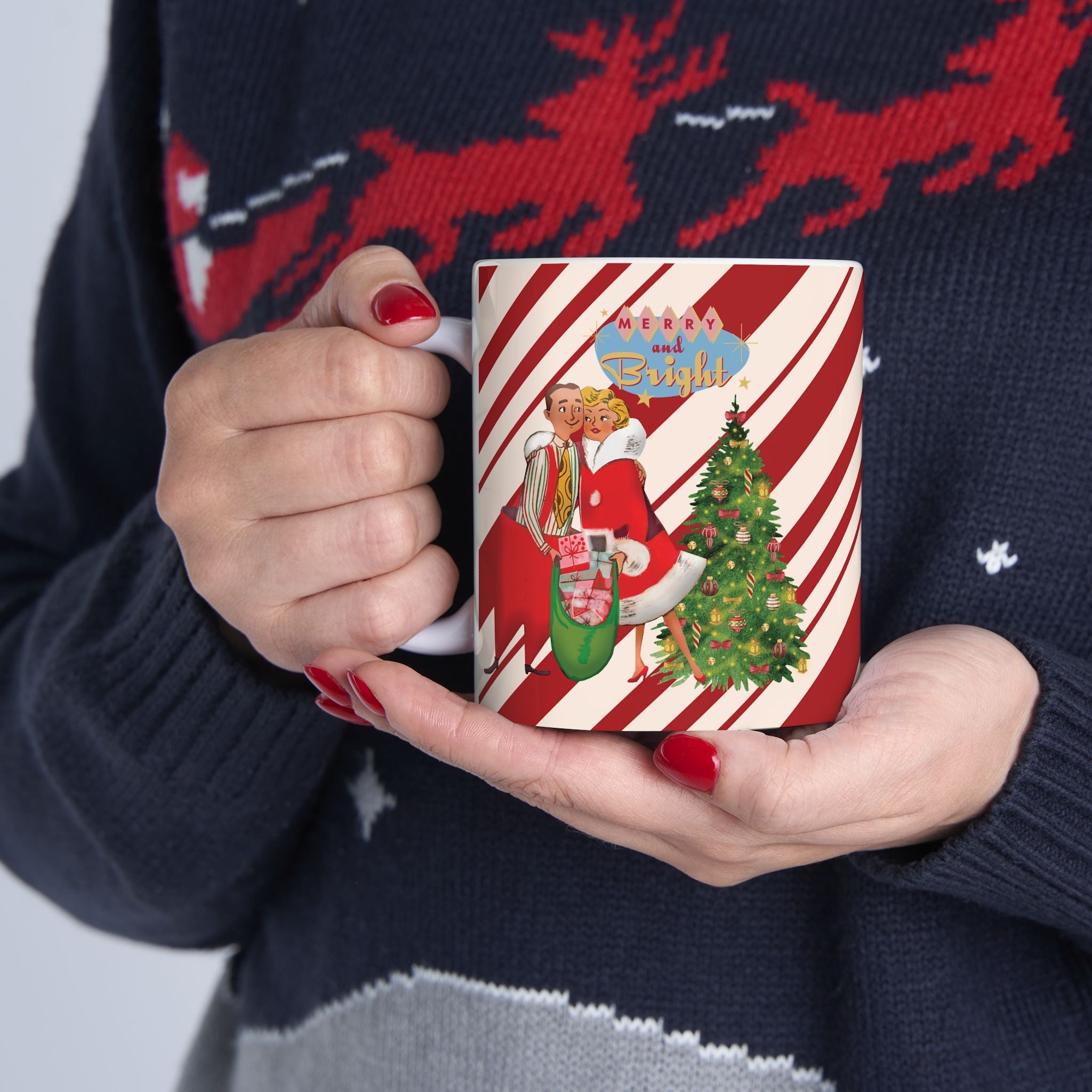 Kate McEnroe New York Retro Merry &amp; Bright Holiday Mug, Mid Mod Festive Couple, 50s Candy Cane Stripes, Vintage Christmas Drinkware, Kitsch Holiday Coffee CupMugs68736342210517348946