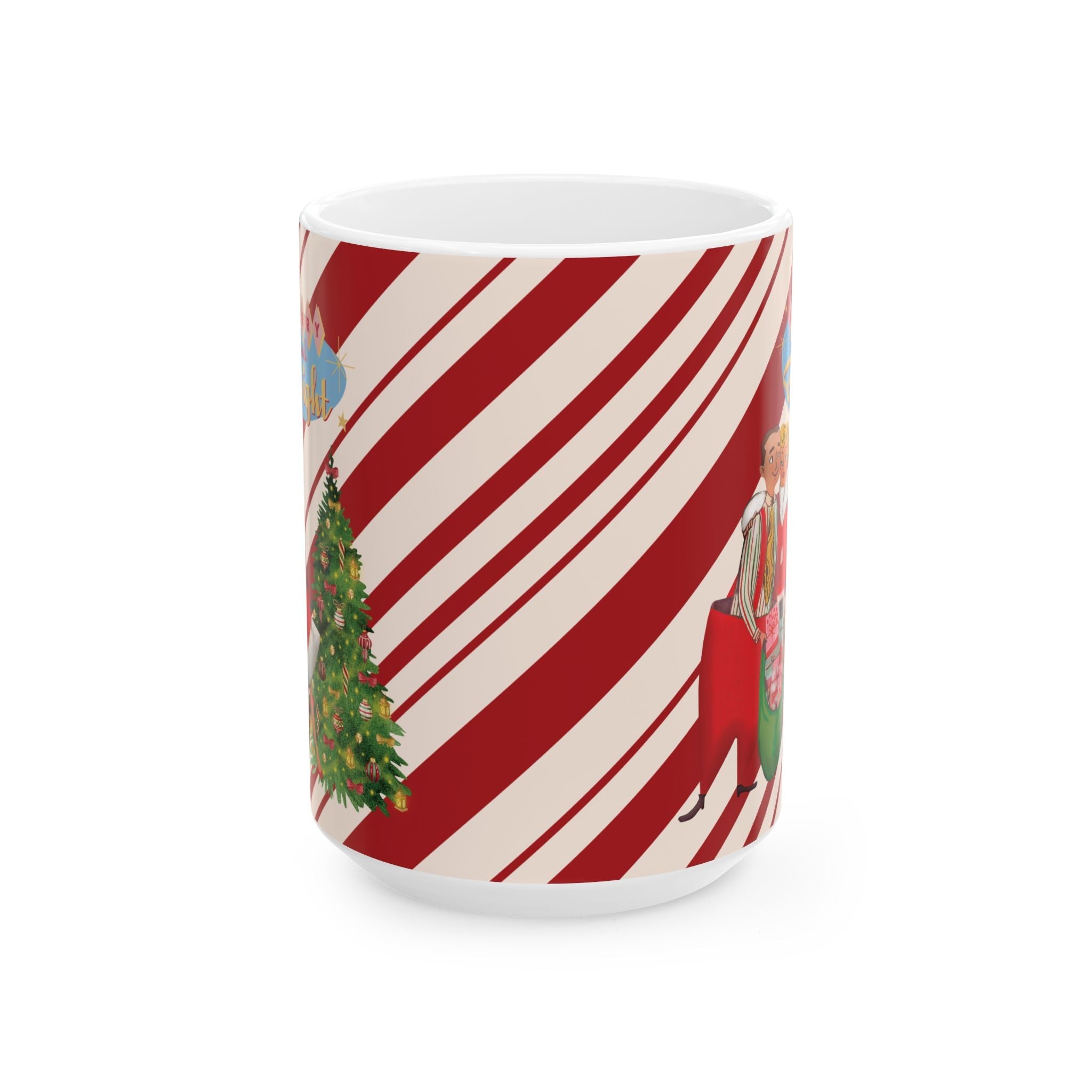 Kate McEnroe New York Retro Merry &amp; Bright Holiday Mug, Mid Mod Festive Couple, 50s Candy Cane Stripes, Vintage Christmas Drinkware, Kitsch Holiday Coffee CupMugs68736342210517348946