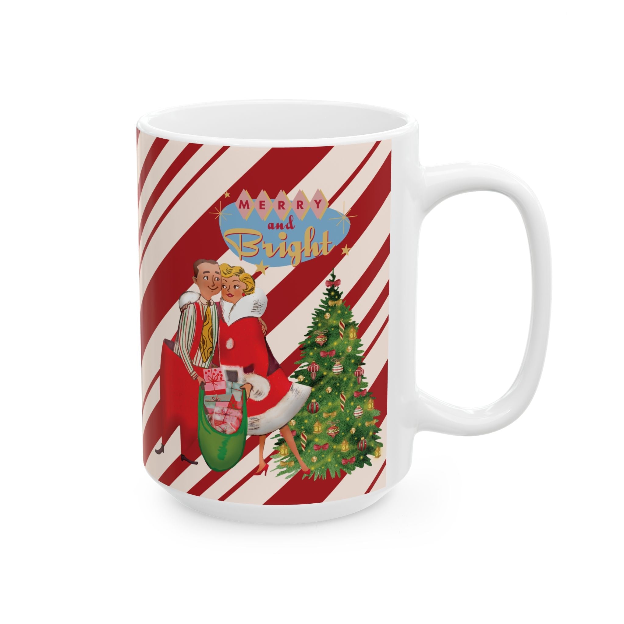 Kate McEnroe New York Retro Merry &amp; Bright Holiday Mug, Mid Mod Festive Couple, 50s Candy Cane Stripes, Vintage Christmas Drinkware, Kitsch Holiday Coffee CupMugs68736342210517348946