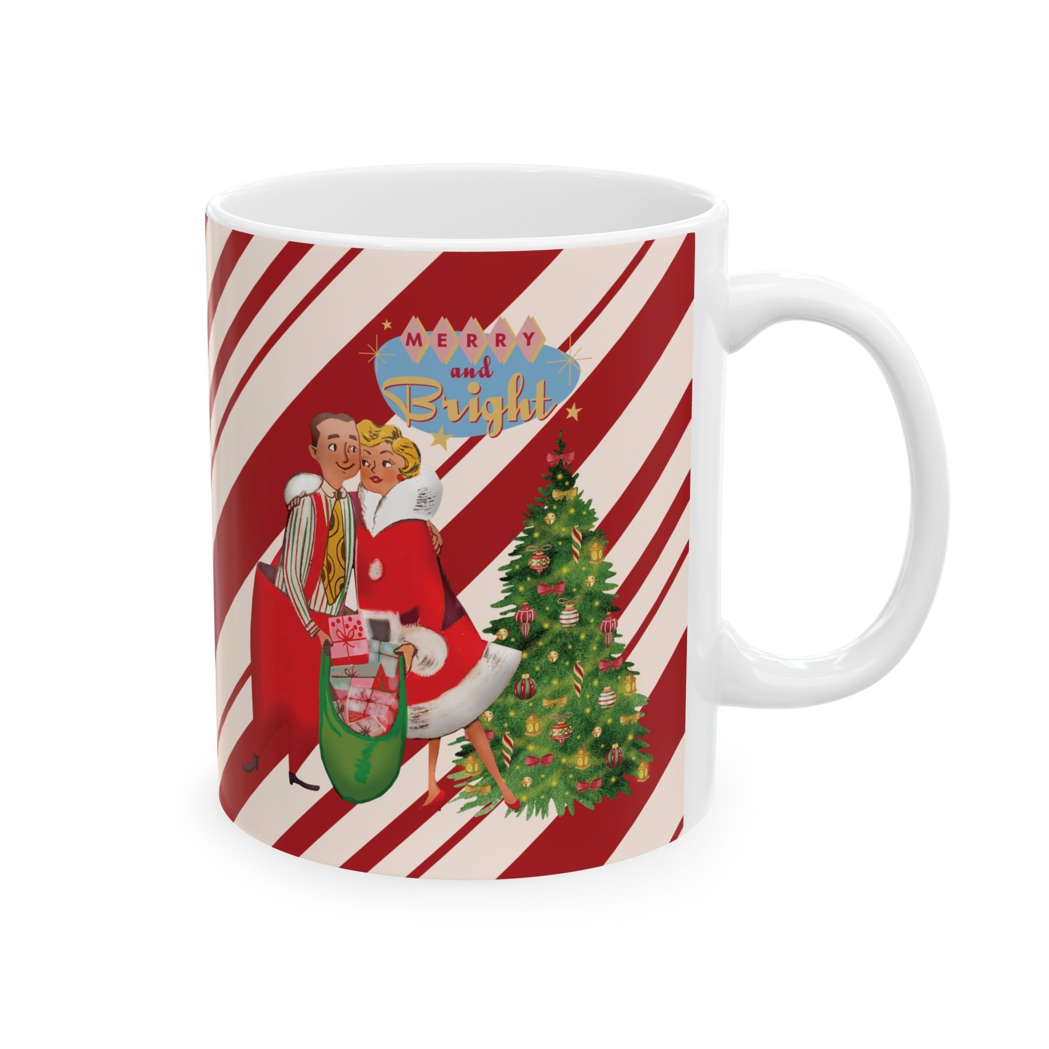 Kate McEnroe New York Retro Merry &amp; Bright Holiday Mug, Mid Mod Festive Couple, 50s Candy Cane Stripes, Vintage Christmas Drinkware, Kitsch Holiday Coffee CupMugs68736342210517348946