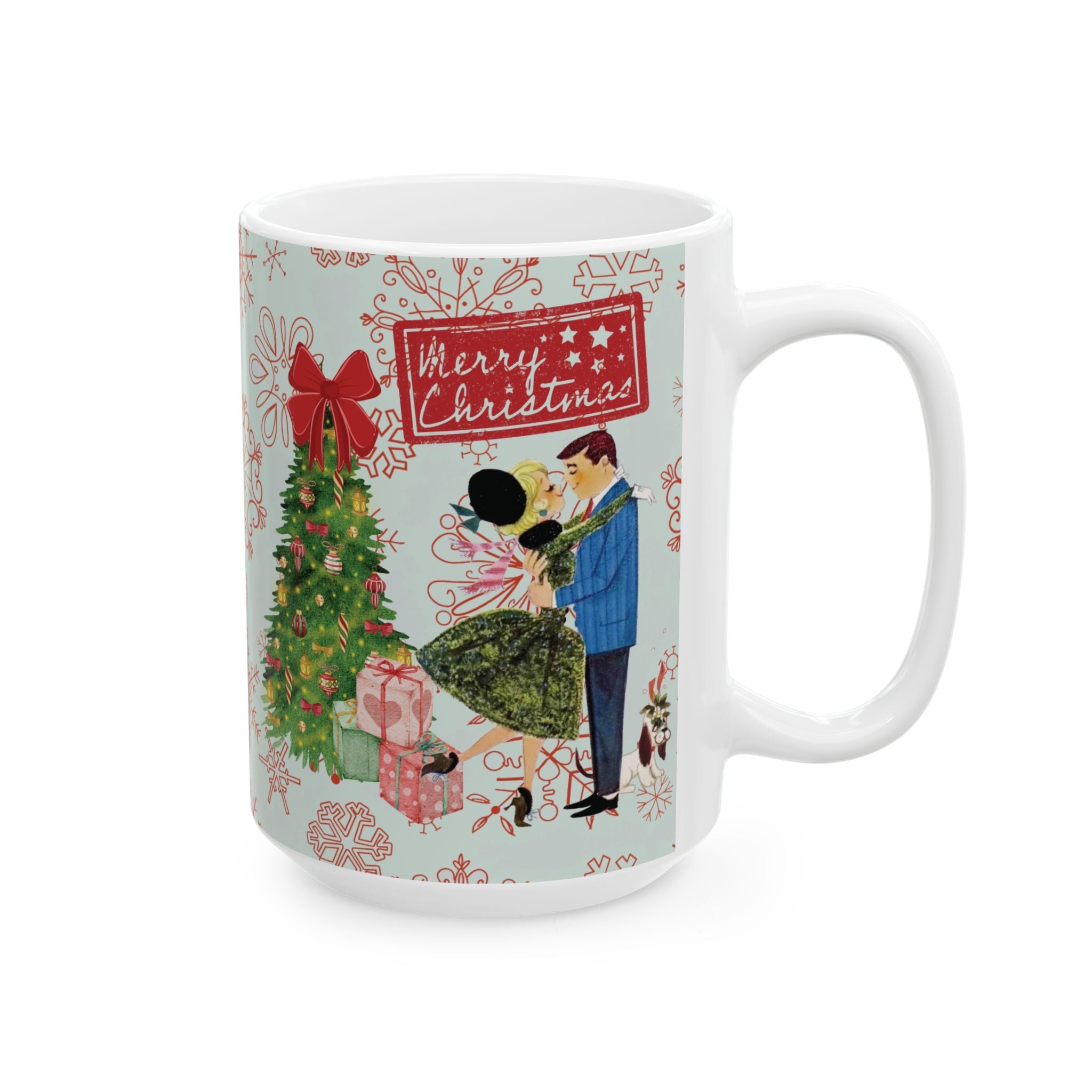 Kate McEnroe New York Retro Merry Christmas Mug, Mid Century Modern 50s Holiday Coffee Cup, Vintage Christmas Card Art DrinkwareMugs13973597569384573640