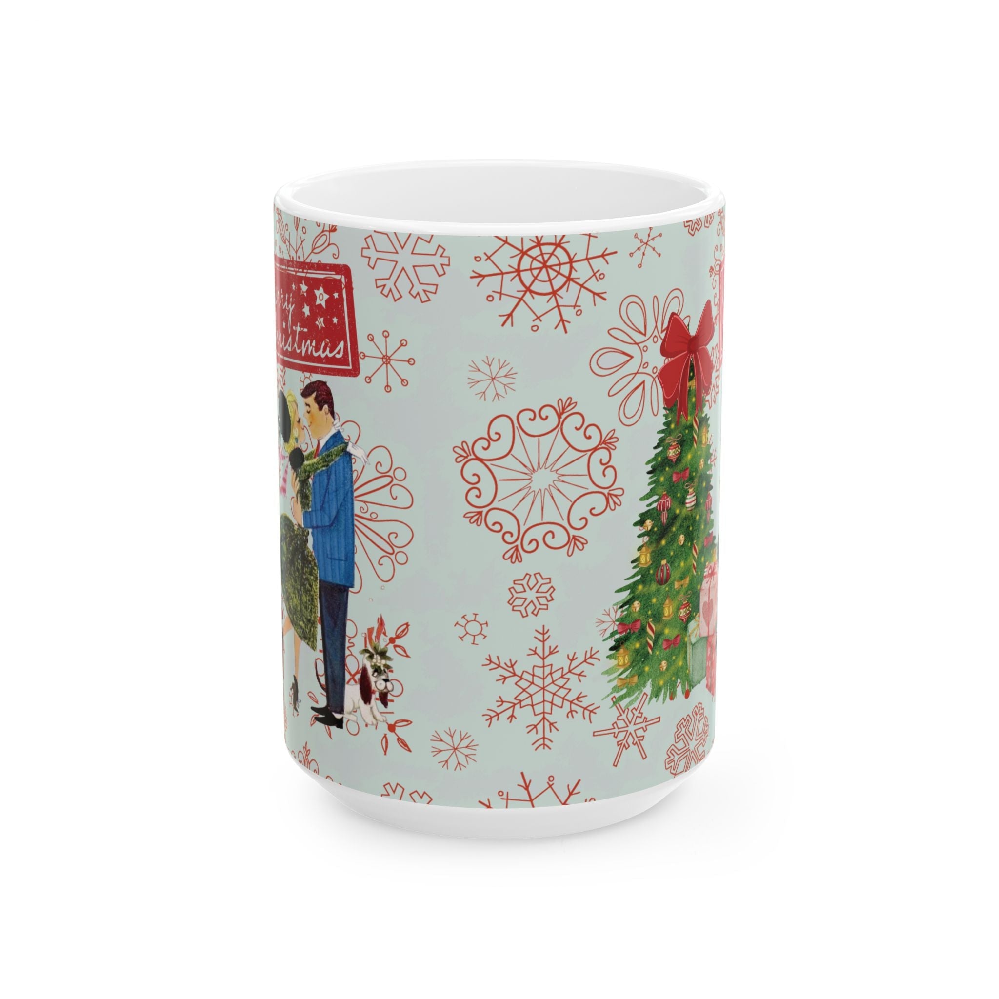 Kate McEnroe New York Retro Merry Christmas Mug, Mid Century Modern 50s Holiday Coffee Cup, Vintage Christmas Card Art DrinkwareMugs13973597569384573640
