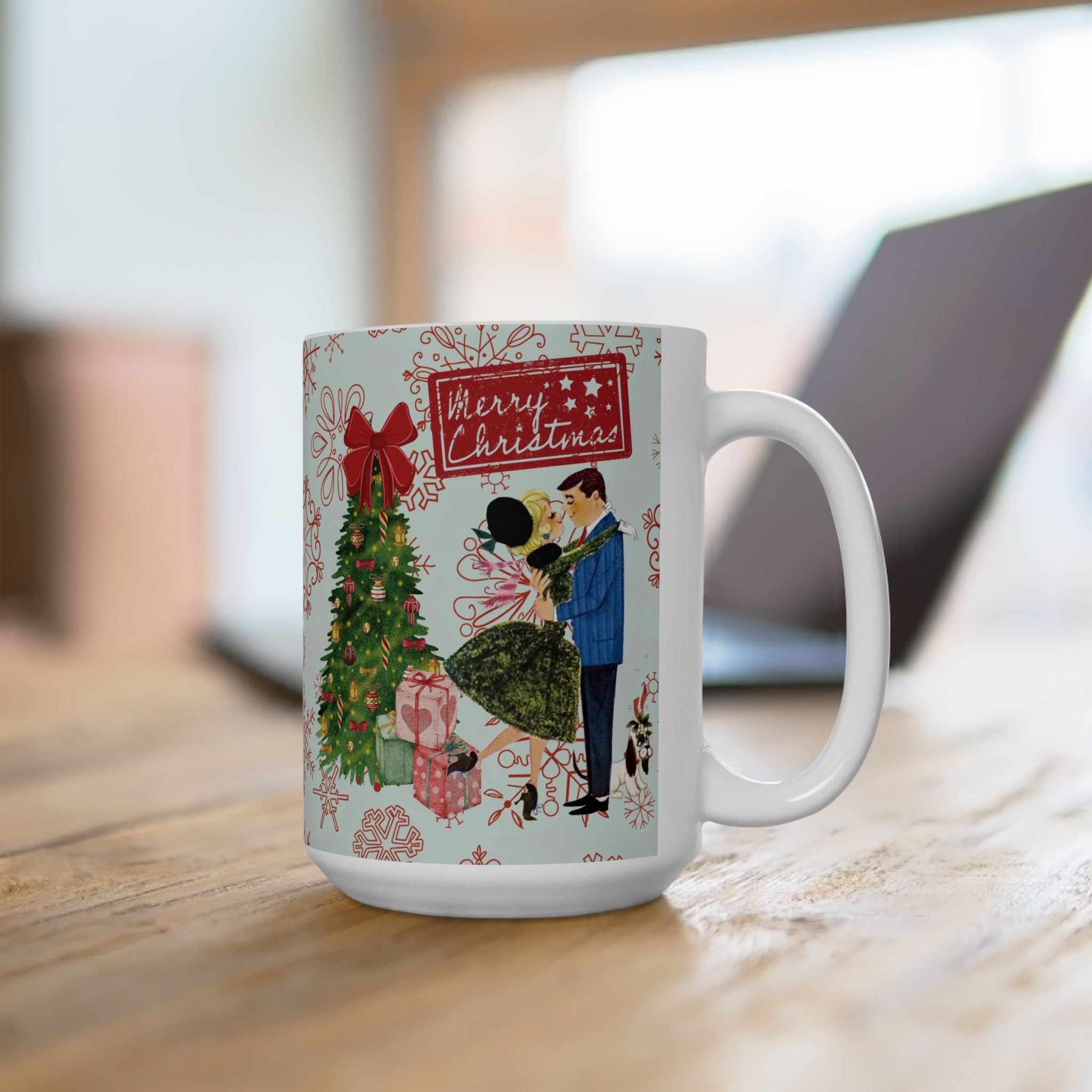 Kate McEnroe New York Retro Merry Christmas Mug, Mid Century Modern 50s Holiday Coffee Cup, Vintage Christmas Card Art DrinkwareMugs27883523731405554210