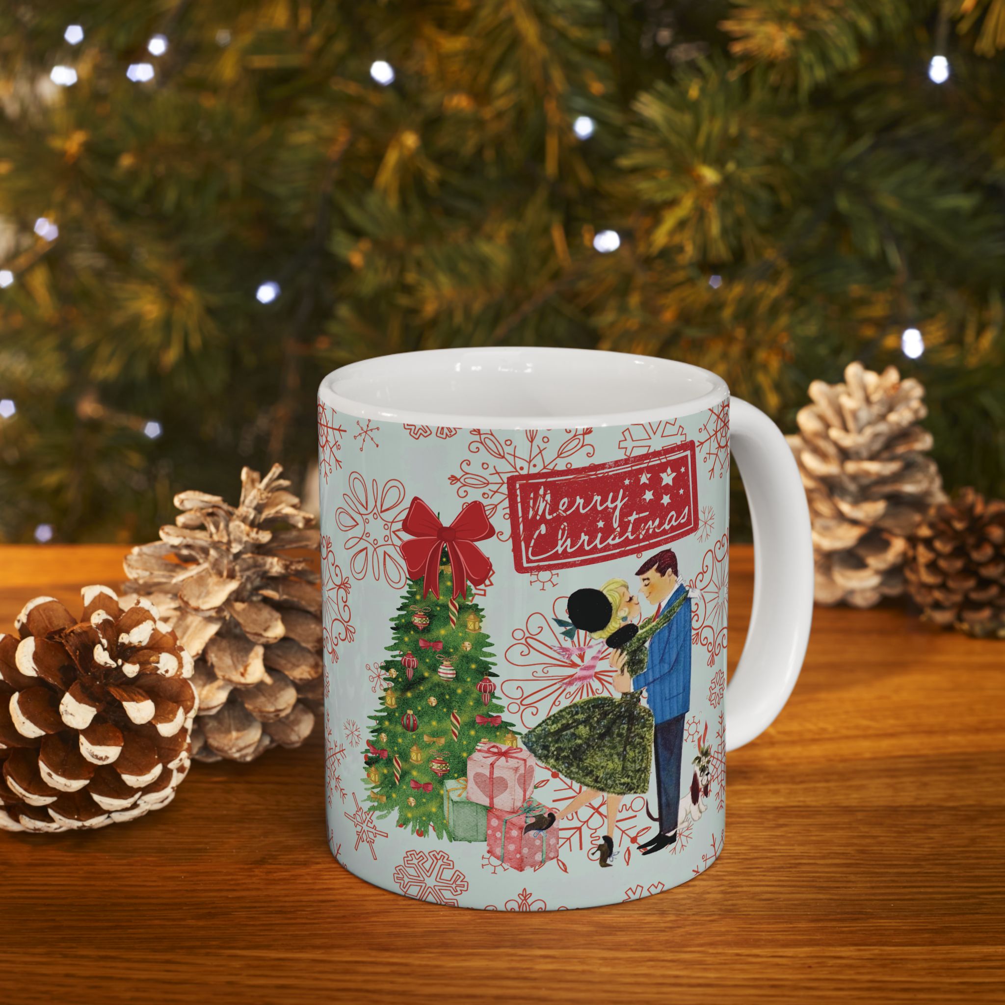 Kate McEnroe New York Retro Merry Christmas Mug, Mid Century Modern 50s Holiday Coffee Cup, Vintage Christmas Card Art DrinkwareMugs27883523731405554210