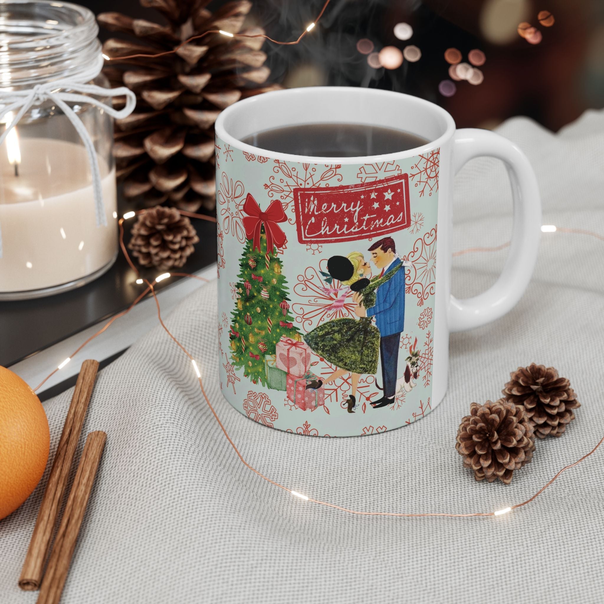Kate McEnroe New York Retro Merry Christmas Mug, Mid Century Modern 50s Holiday Coffee Cup, Vintage Christmas Card Art DrinkwareMugs27883523731405554210