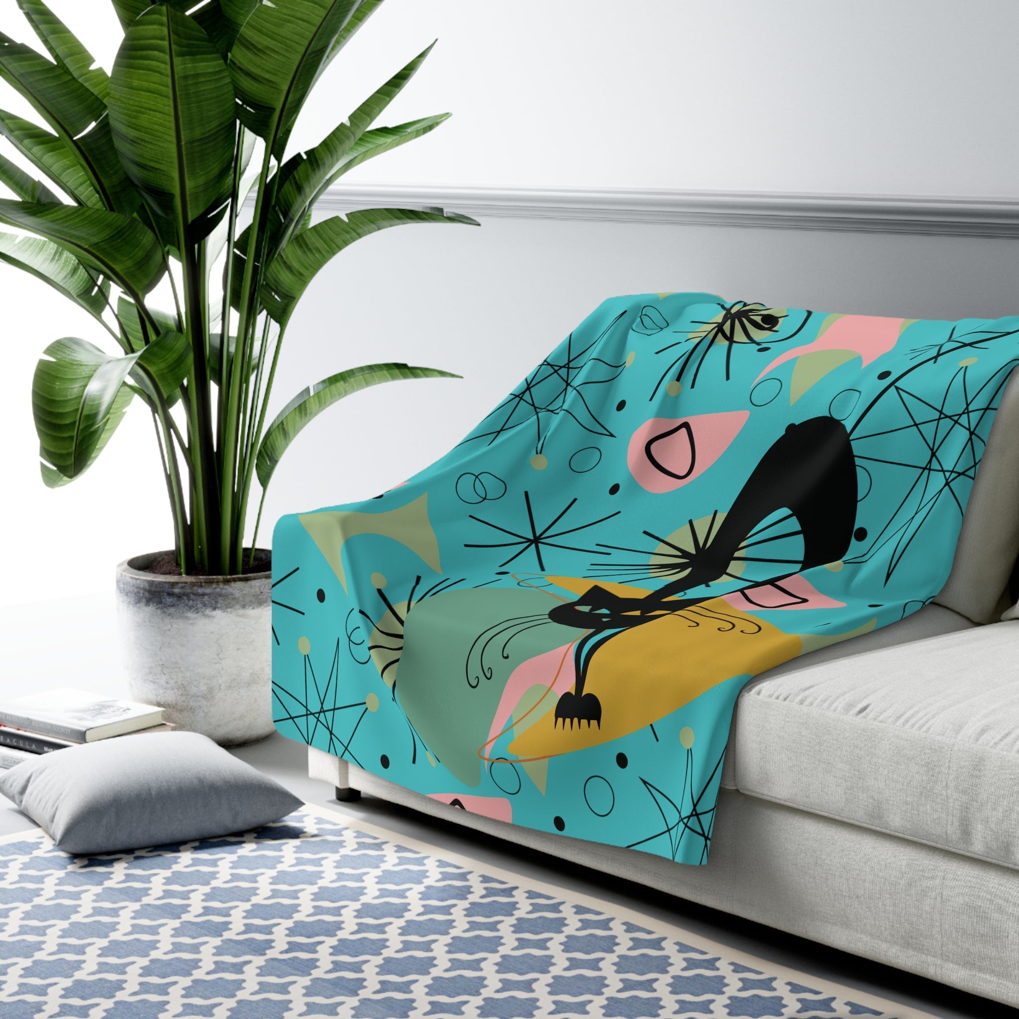 Kate McEnroe New York Retro Mid Century Modern Atomic Cat Turquoise, Pink, Lime Geometric Starbursts Soft Sherpa Throw BlanketBlankets18284631497612301155