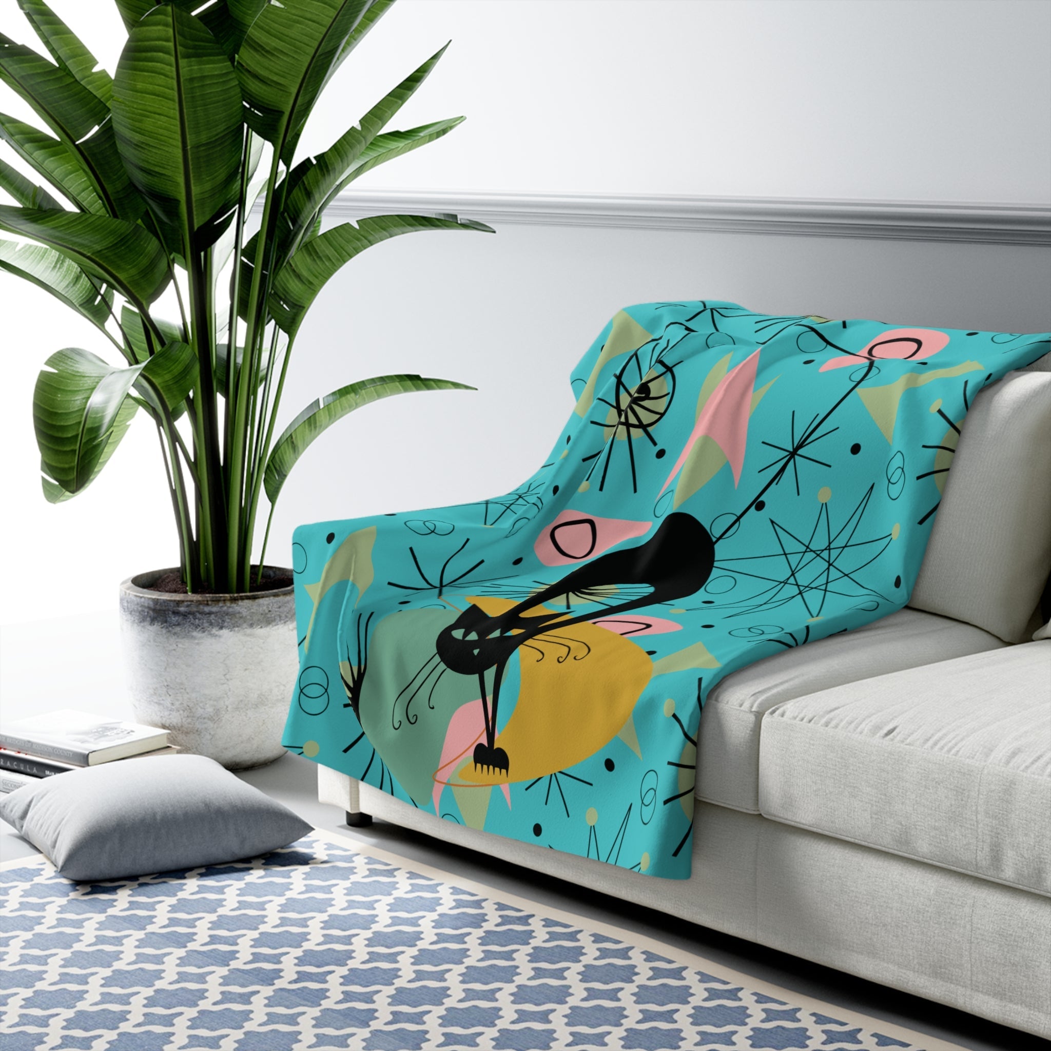 Kate McEnroe New York Retro Mid Century Modern Atomic Cat Turquoise, Pink, Lime Geometric Starbursts Soft Sherpa Throw BlanketBlankets26780428229363661720