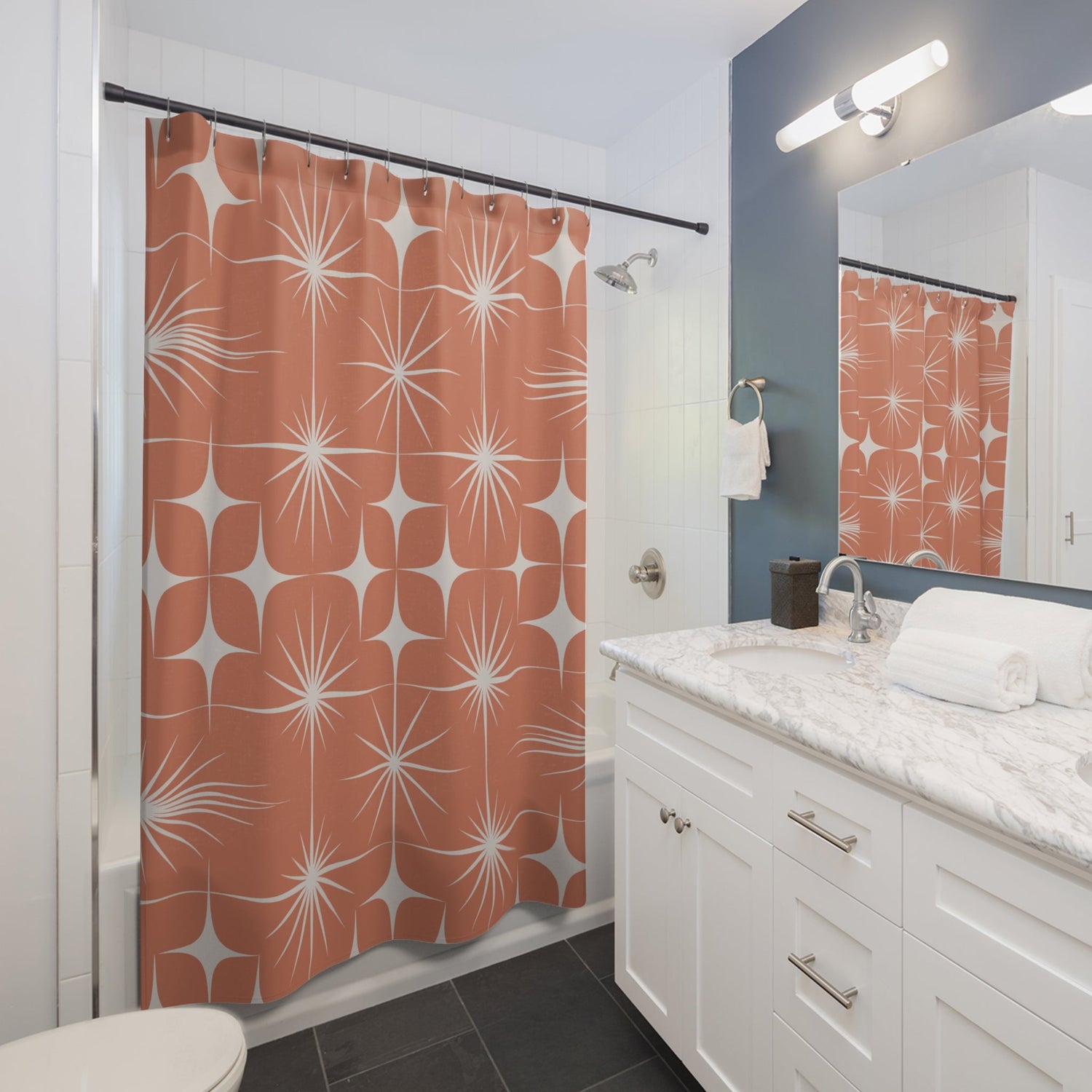 Kate McEnroe New York Retro Mid Century Modern Atomic Starburst Shower Curtain, MCM Bathroom DecorShower Curtains21710726205056284592