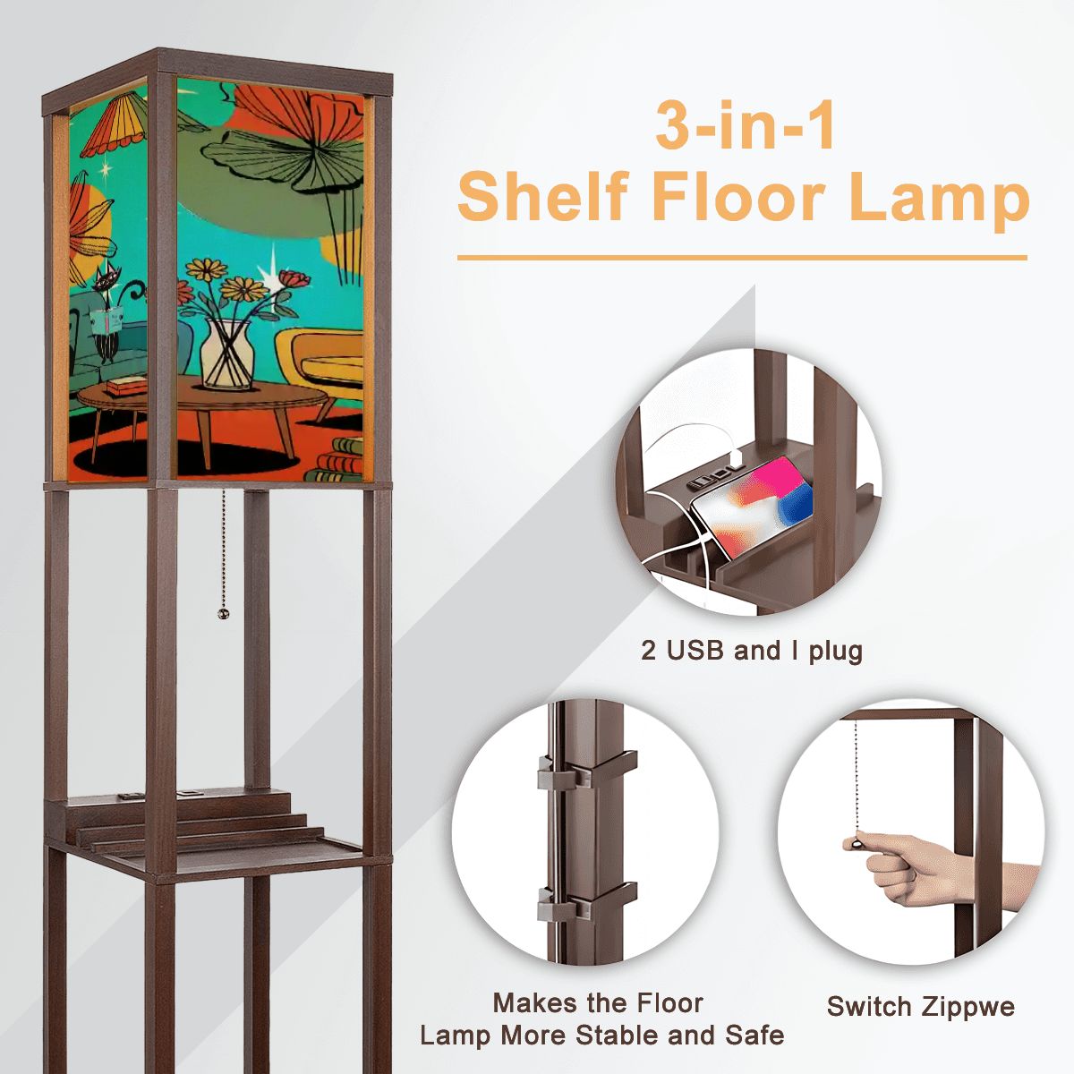 Kate McEnroe New York Retro Mid Century Modern Floor Lamp Shelf, Atomic Cat Lounge Book Scene, Starburst Floral Light TowerShelf Lighting4TJLt2z5ex